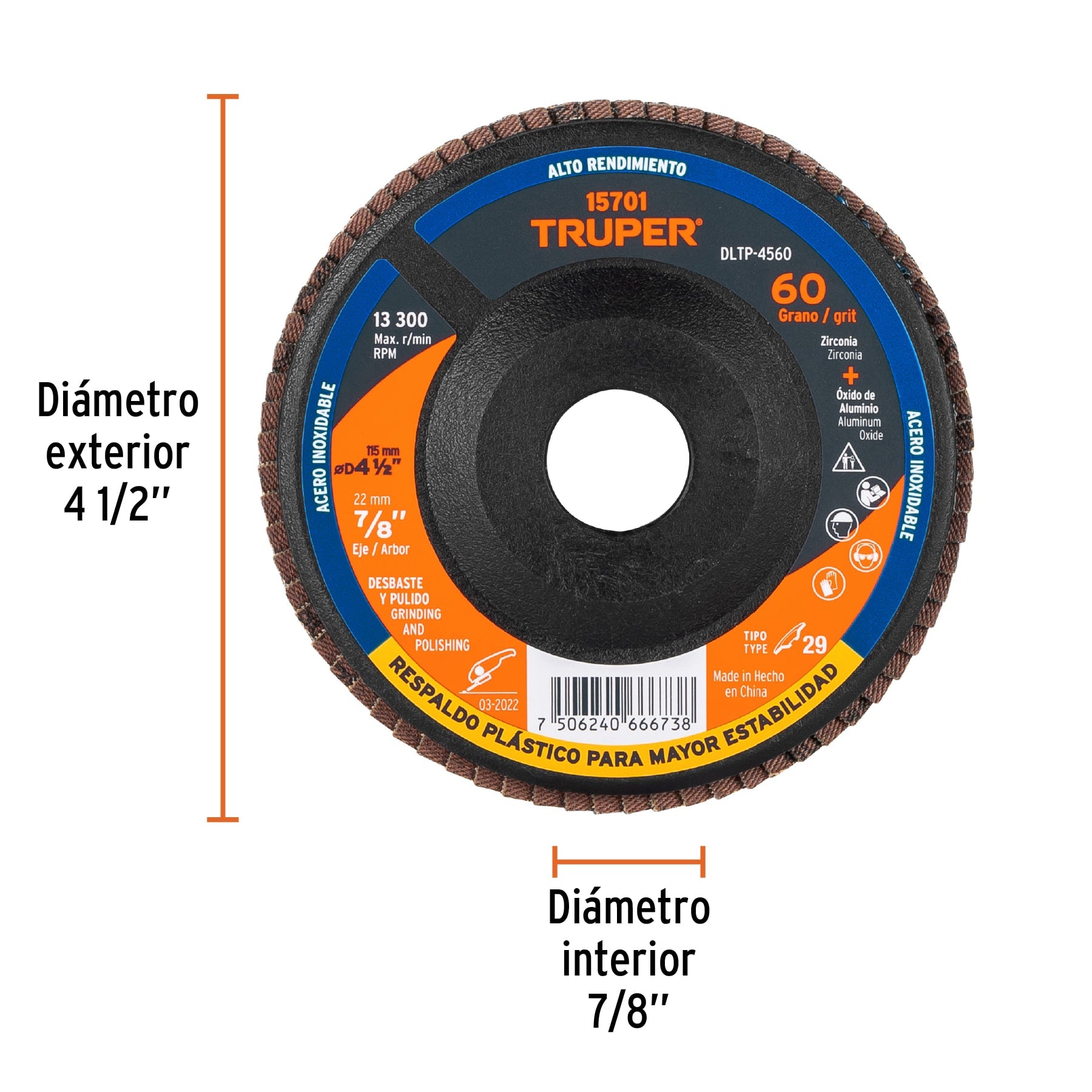 Disco laminado 4-1/2" grano 60 centro 7/8", plástico, TRUPER