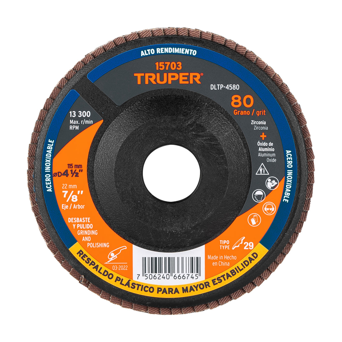 Disco laminado 4-1/2" grano 80 centro 7/8", plástico, TRUPER