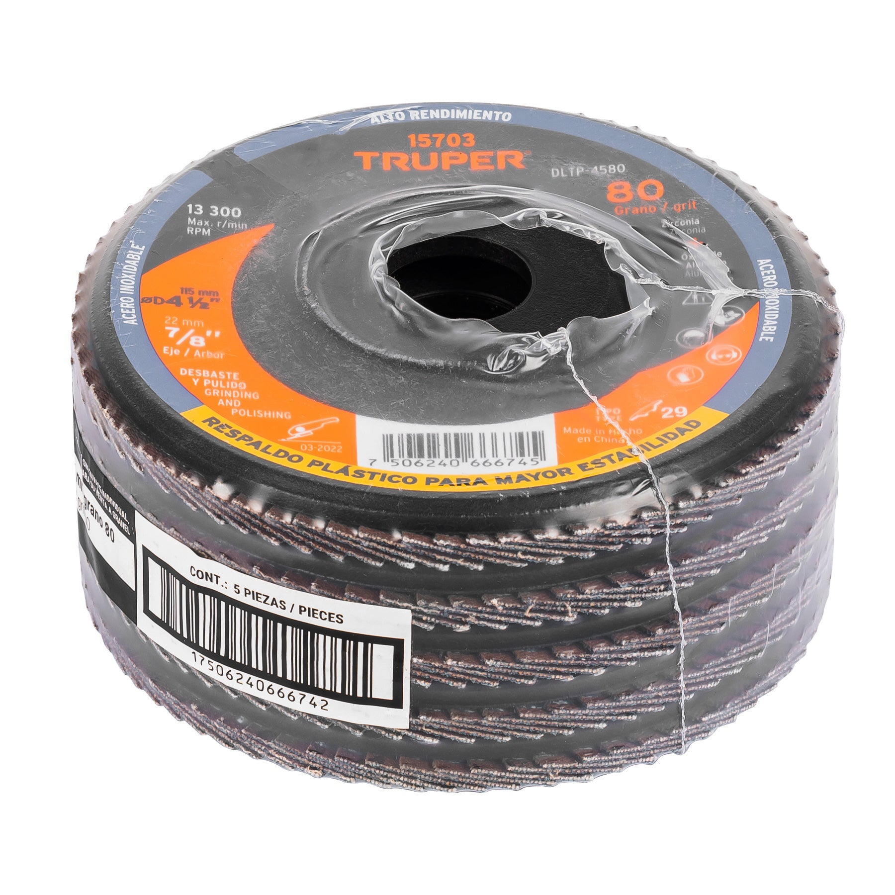 Disco laminado 4-1/2" grano 80 centro 7/8", plástico, TRUPER