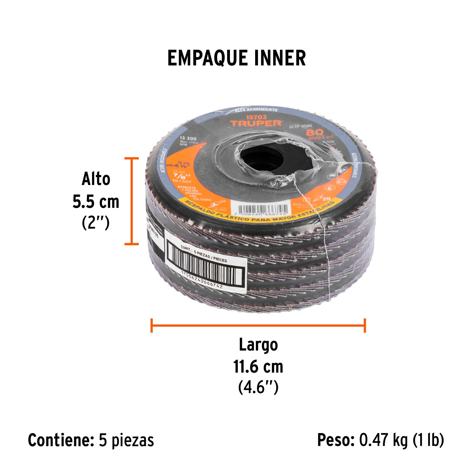 Disco laminado 4-1/2" grano 80 centro 7/8", plástico, TRUPER - Empaque