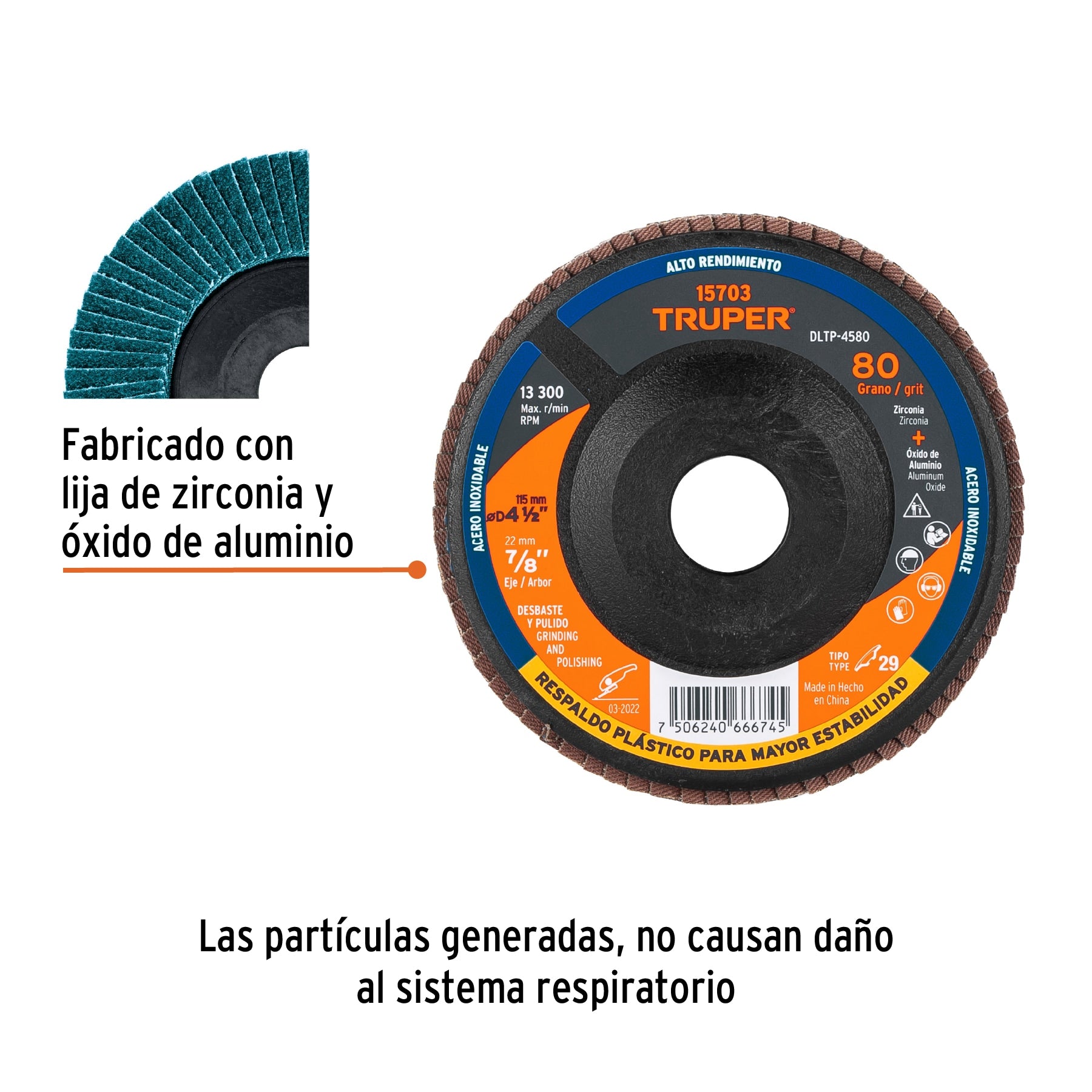 Disco laminado 4-1/2" grano 80 centro 7/8", plástico, TRUPER