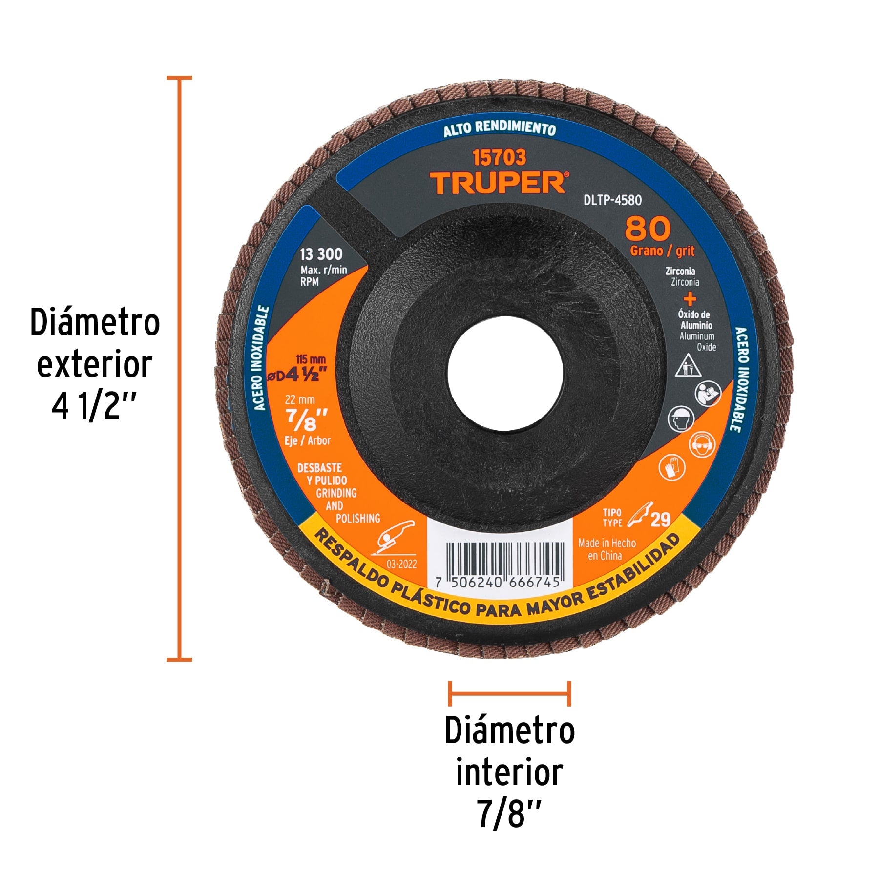 Disco laminado 4-1/2" grano 80 centro 7/8", plástico, TRUPER