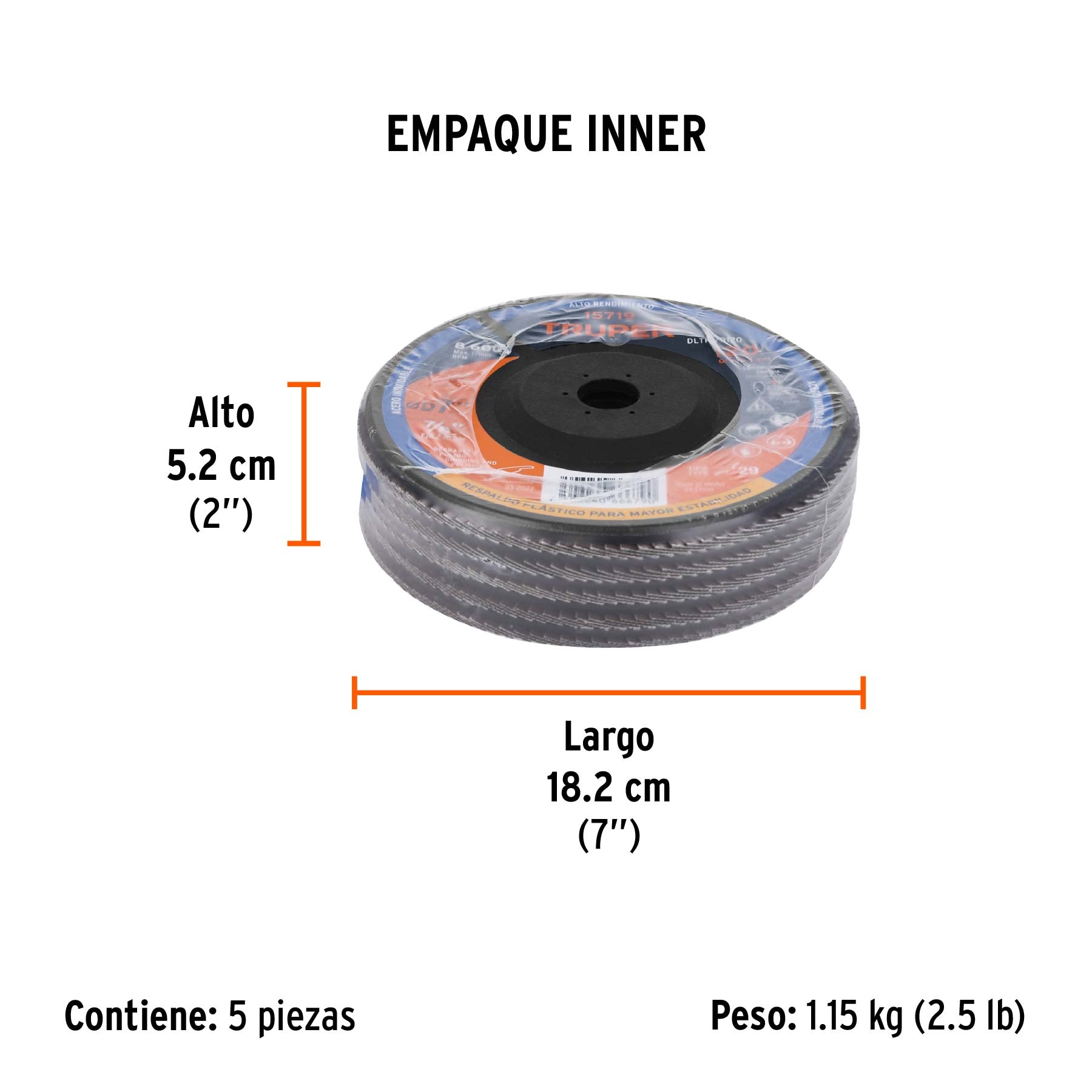 Disco laminado 7" grano 120 centro 7/8", plástico, TRUPER - Empaque
