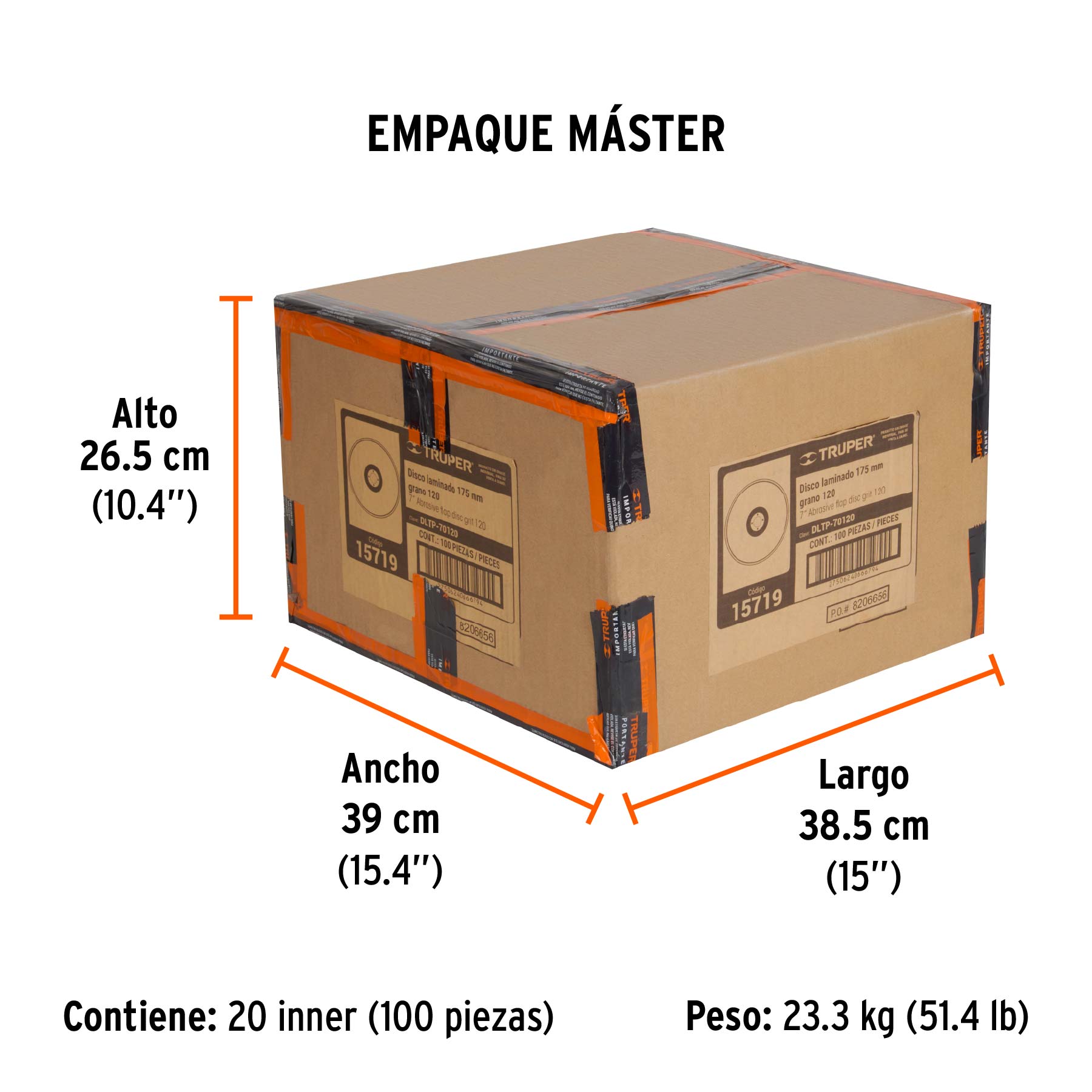Disco laminado 7" grano 120 centro 7/8", plástico, TRUPER - Empaque