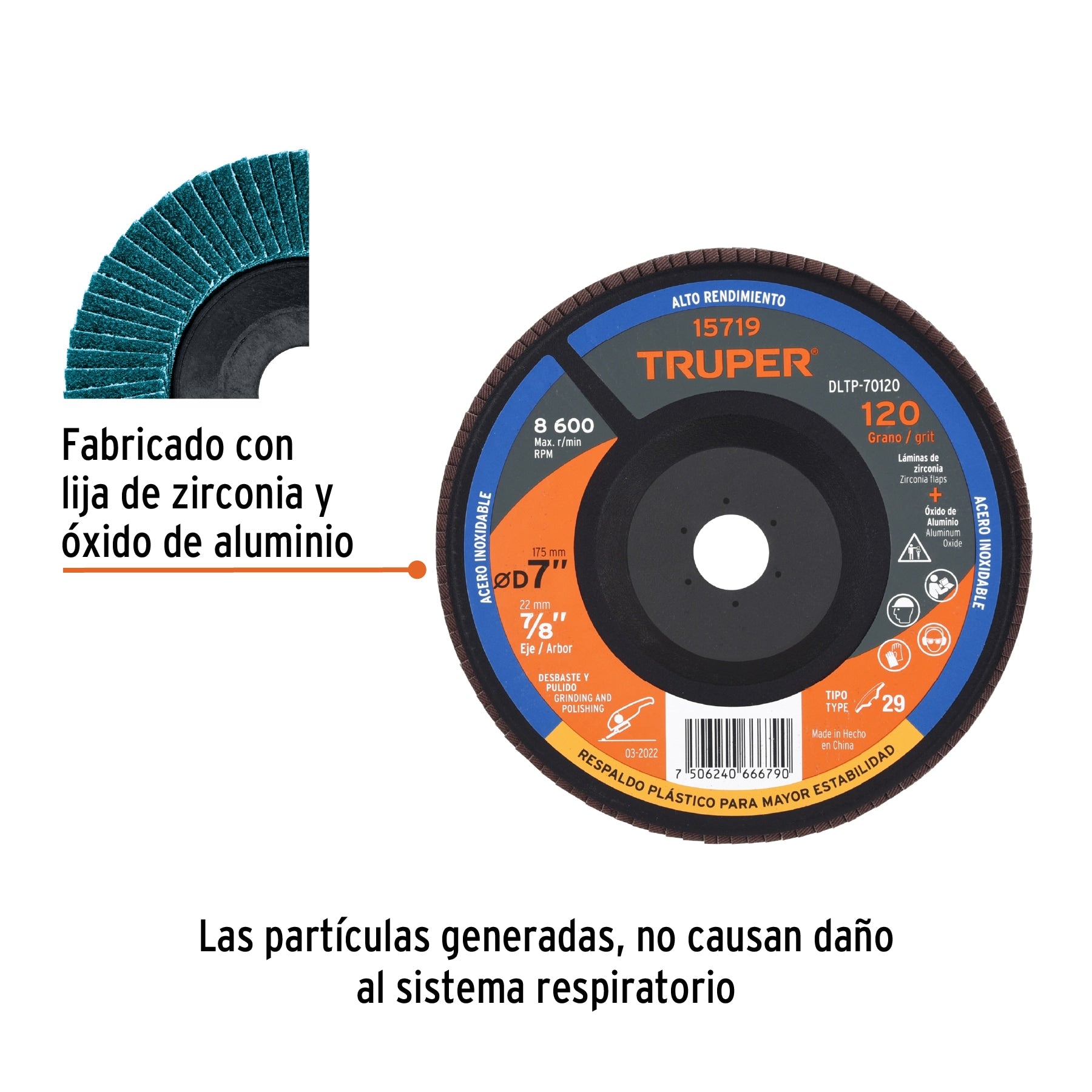 Disco laminado 7" grano 120 centro 7/8", plástico, TRUPER
