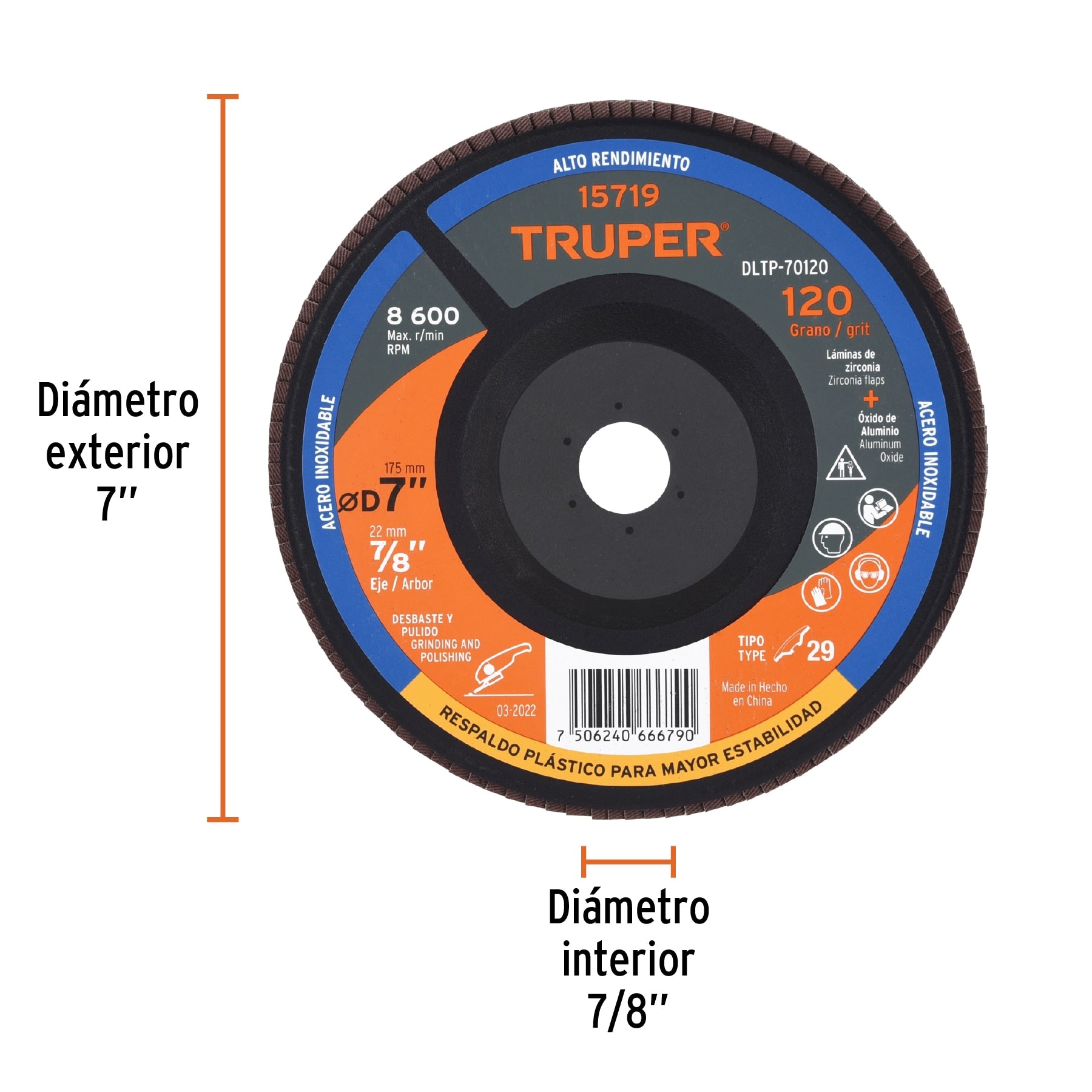 Disco laminado 7" grano 120 centro 7/8", plástico, TRUPER