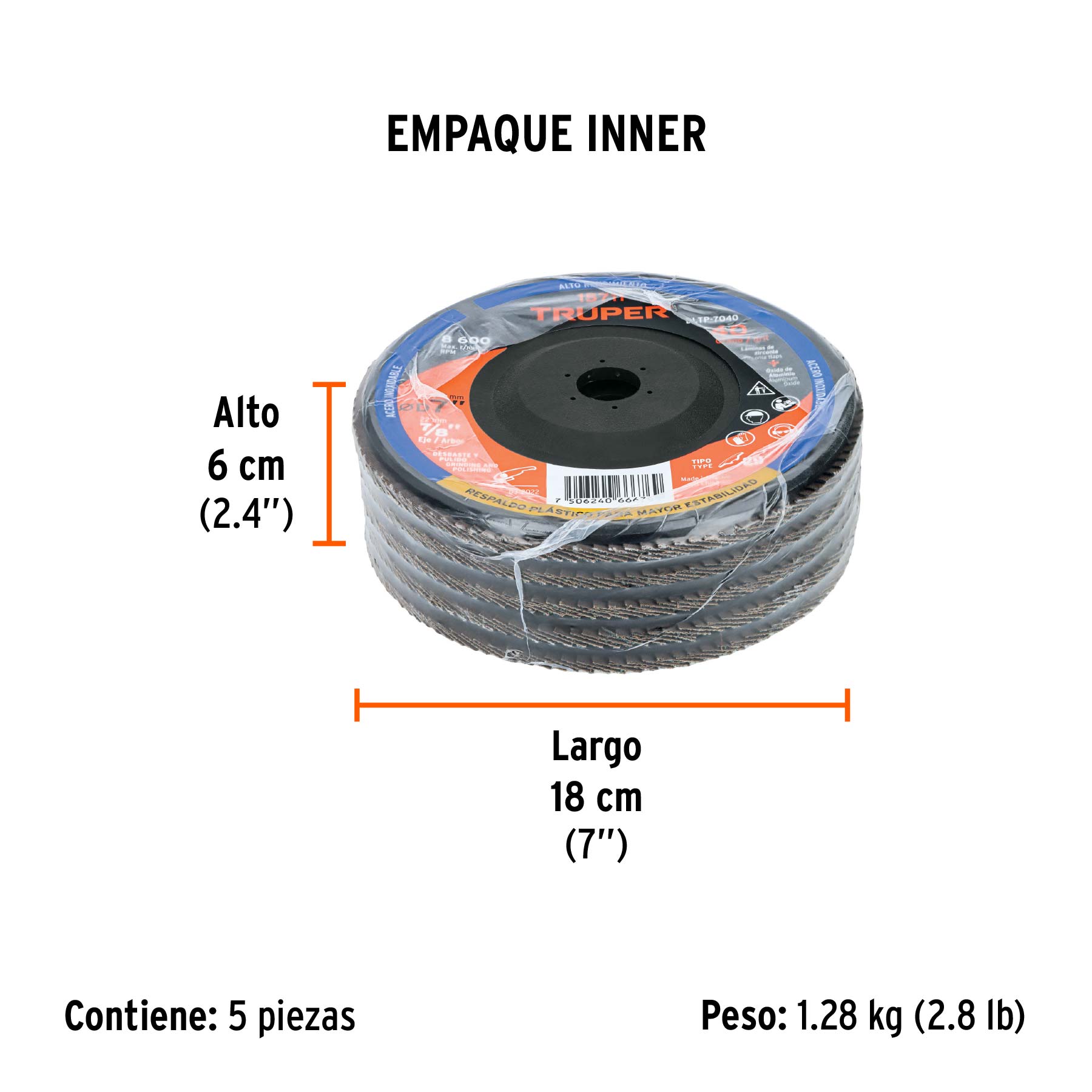 Disco laminado 7" grano 40 centro 7/8", plástico, TRUPER - Empaque