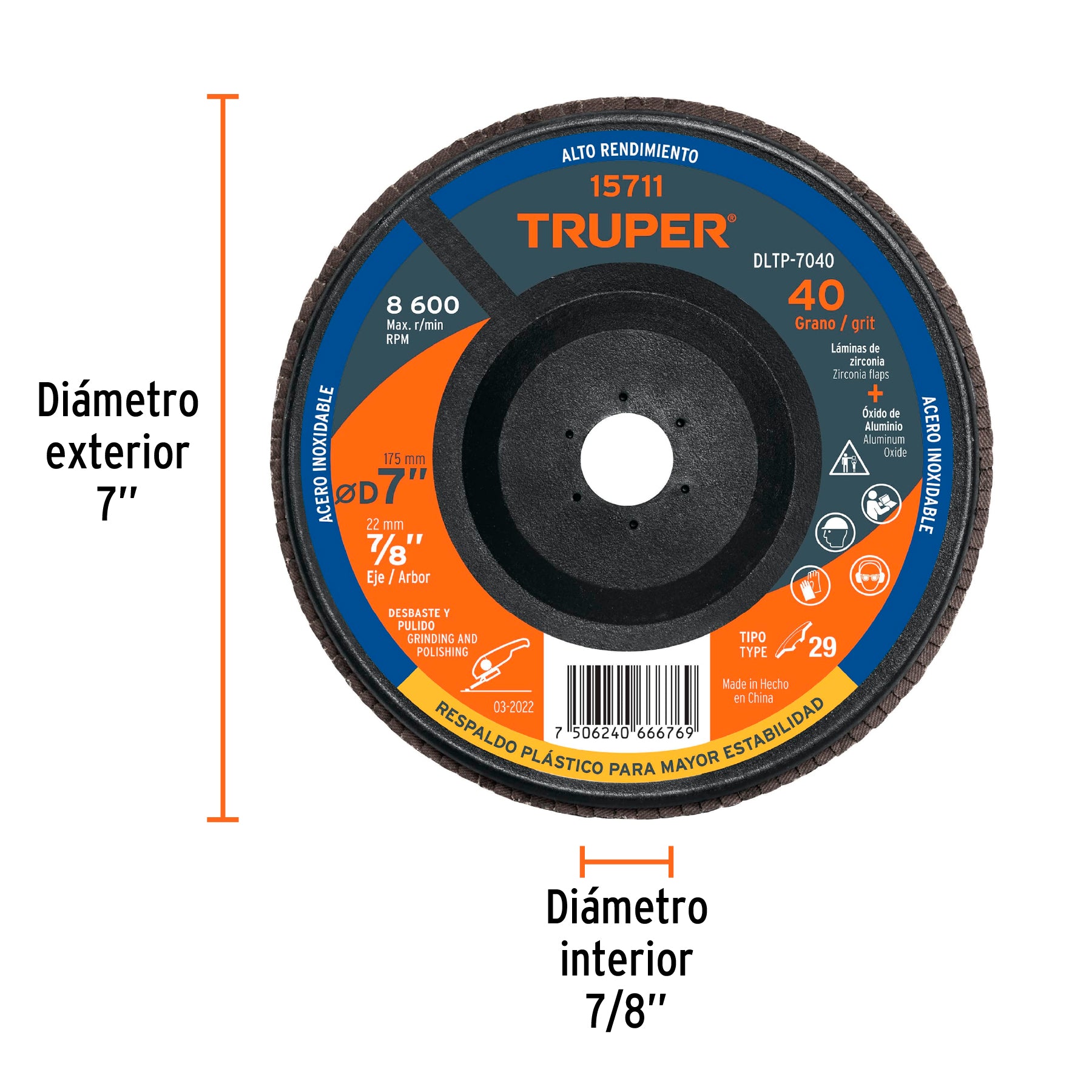 Disco laminado 7" grano 40 centro 7/8", plástico, TRUPER