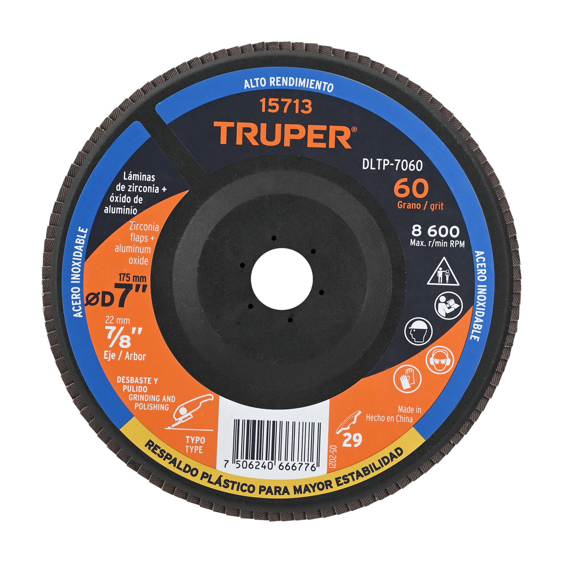 Disco laminado 7" grano 60 centro 7/8", plástico, TRUPER