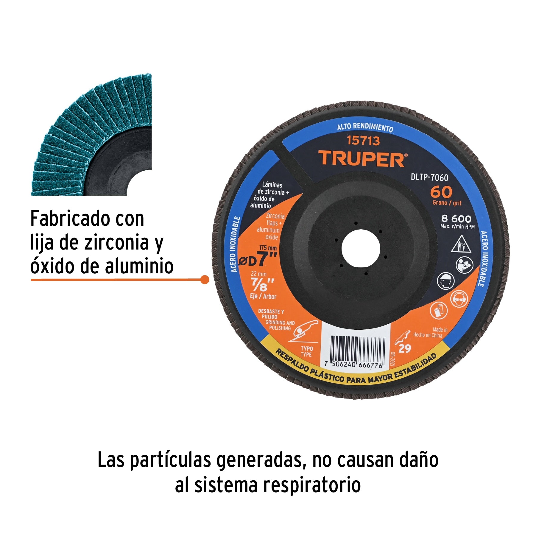 Disco laminado 7" grano 60 centro 7/8", plástico, TRUPER