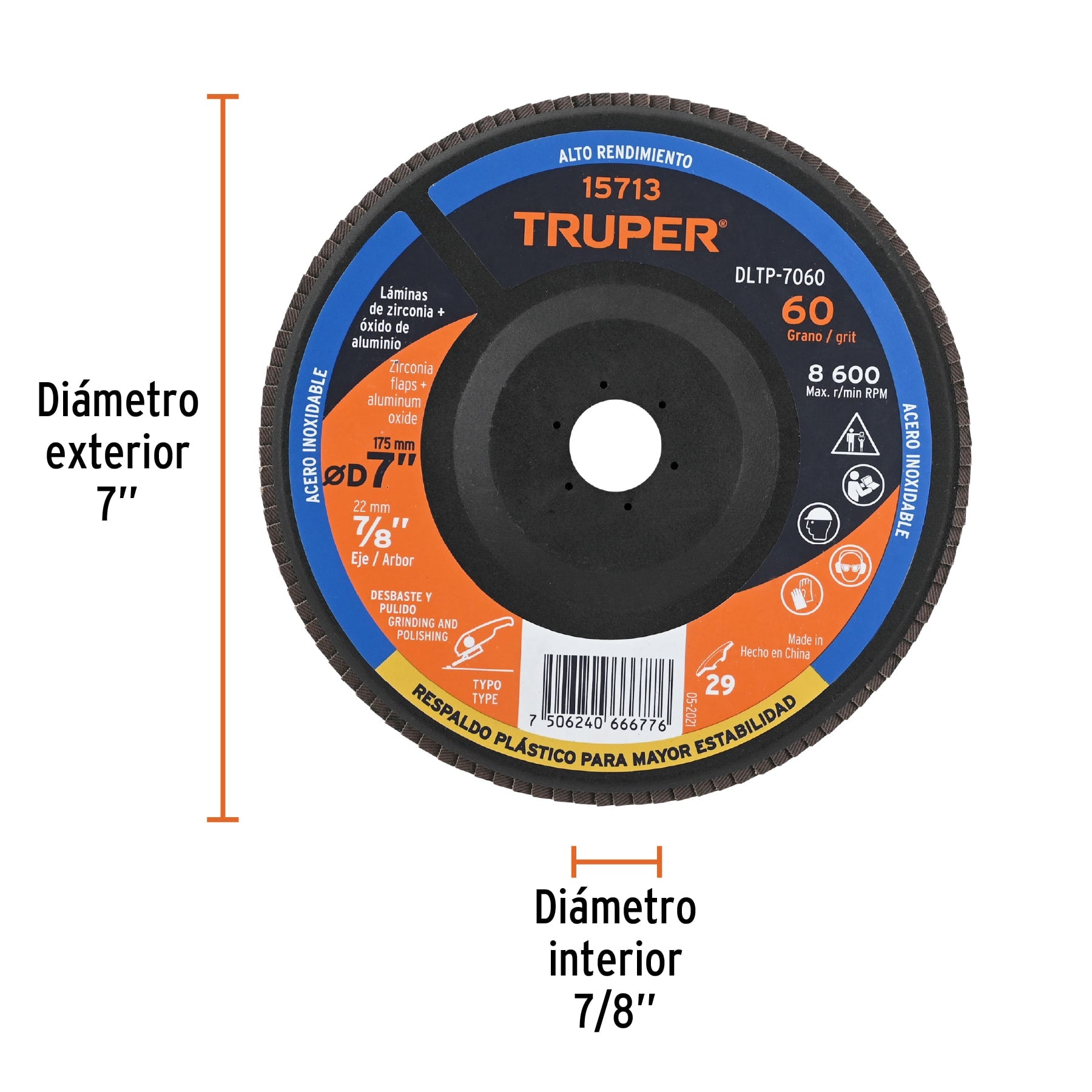 Disco laminado 7" grano 60 centro 7/8", plástico, TRUPER