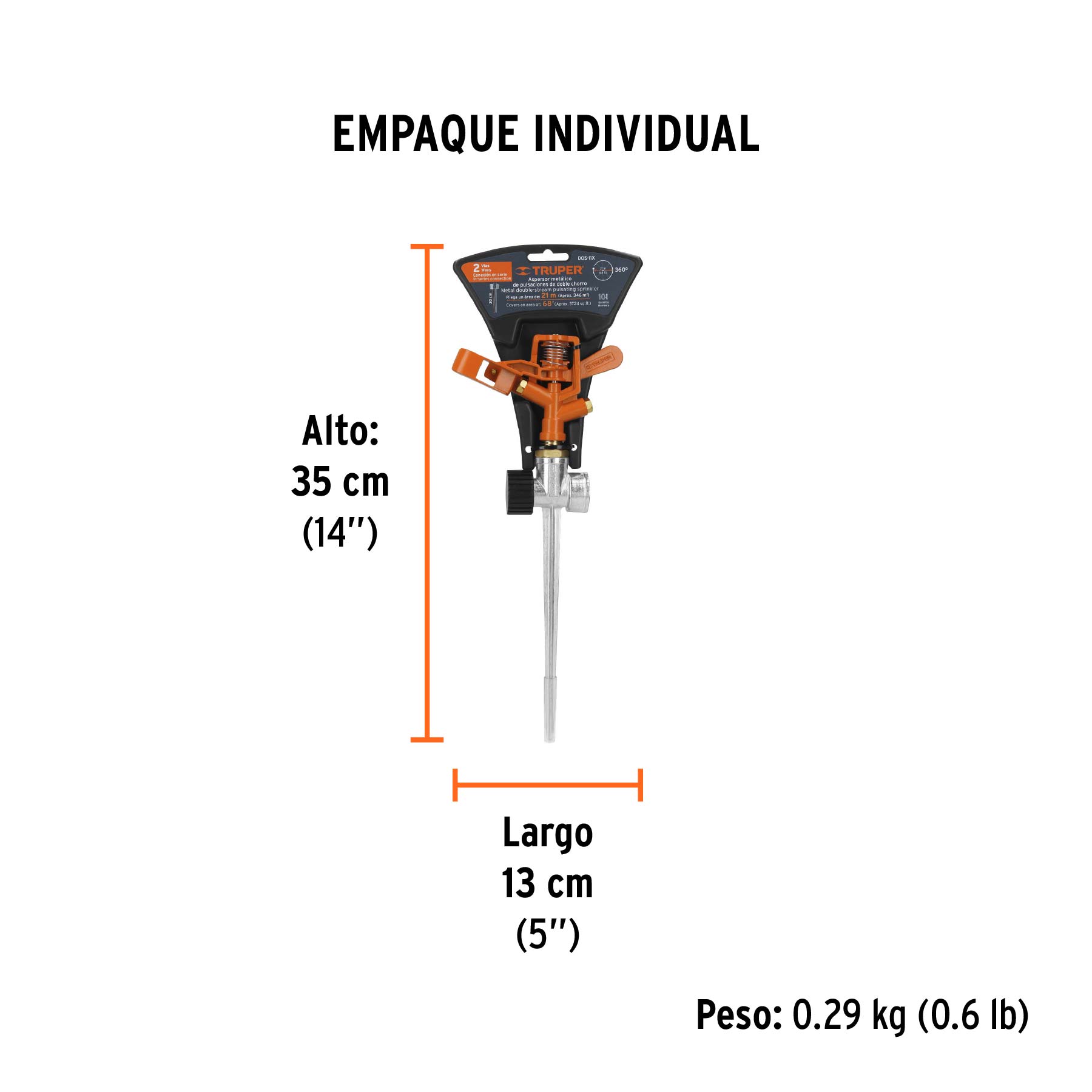 Aspersor metálico 11" dos vías doble chorro, estaca metálica - Empaque