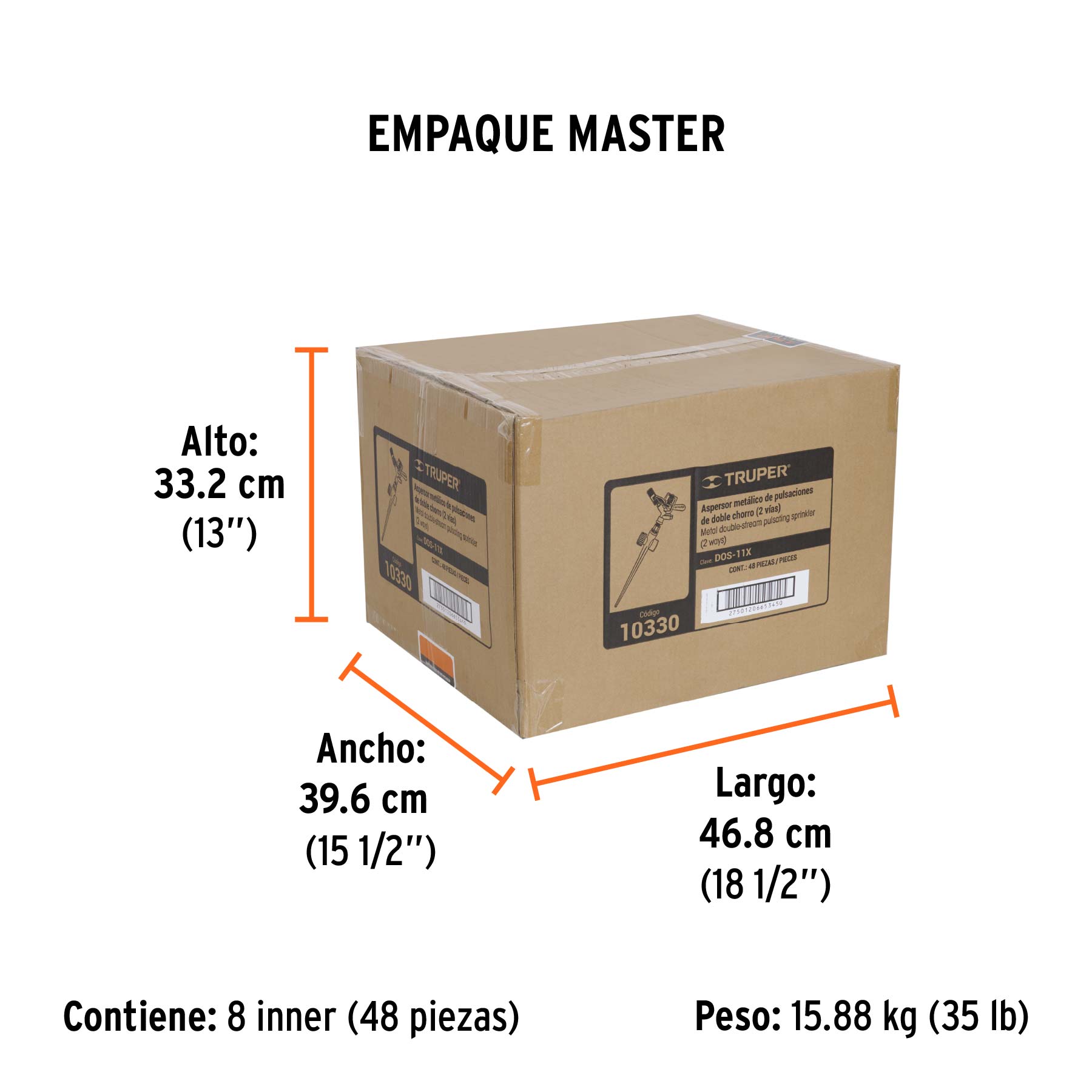 Aspersor metálico 11" dos vías doble chorro, estaca metálica - Empaque