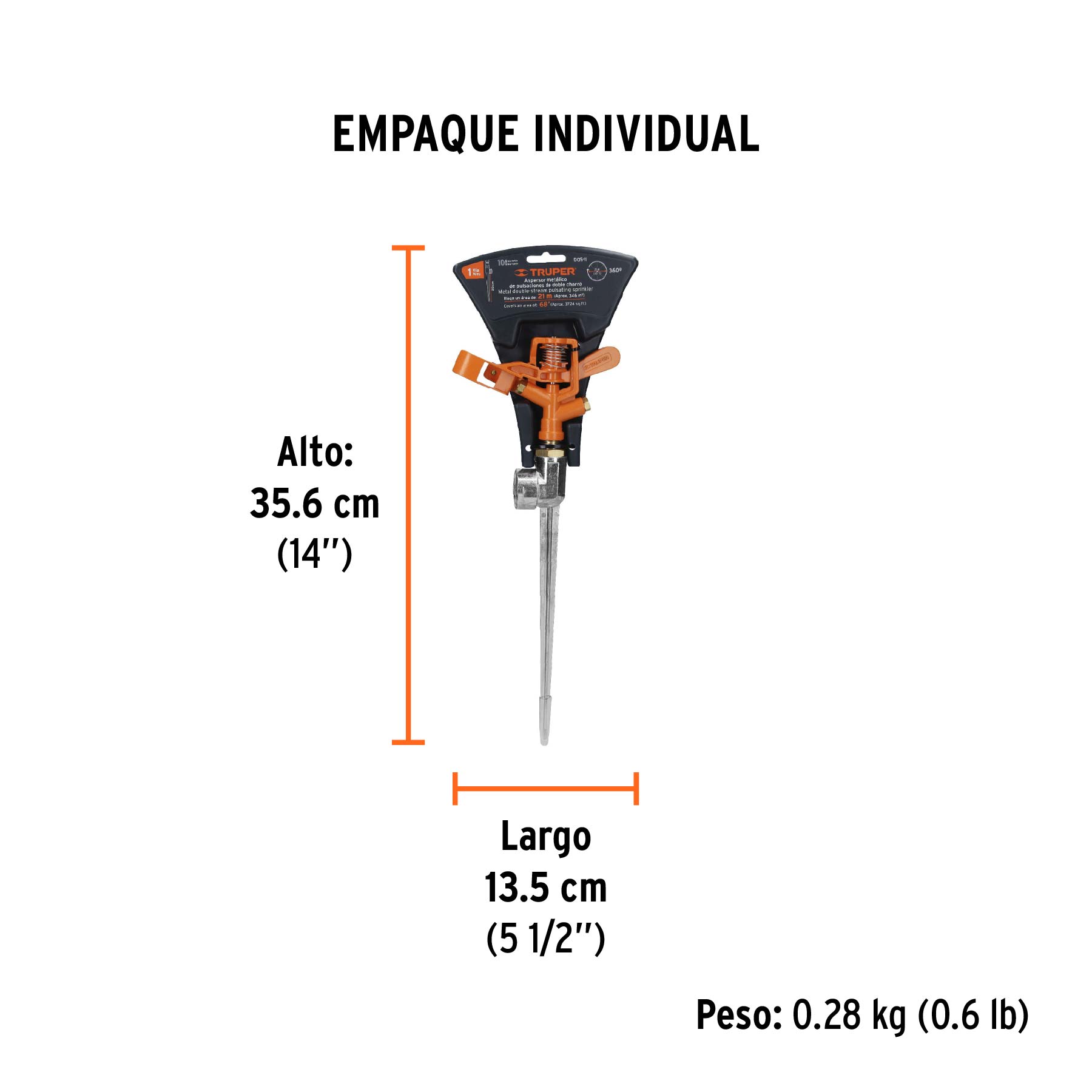 Aspersor metálico 11" una vía, doble chorro, estaca metálica - Empaque