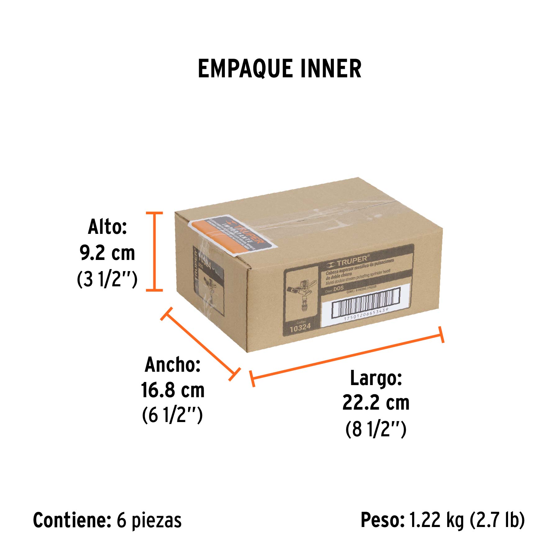Aspersor metálico doble chorro, cabeza sola, TRUPER - Empaque