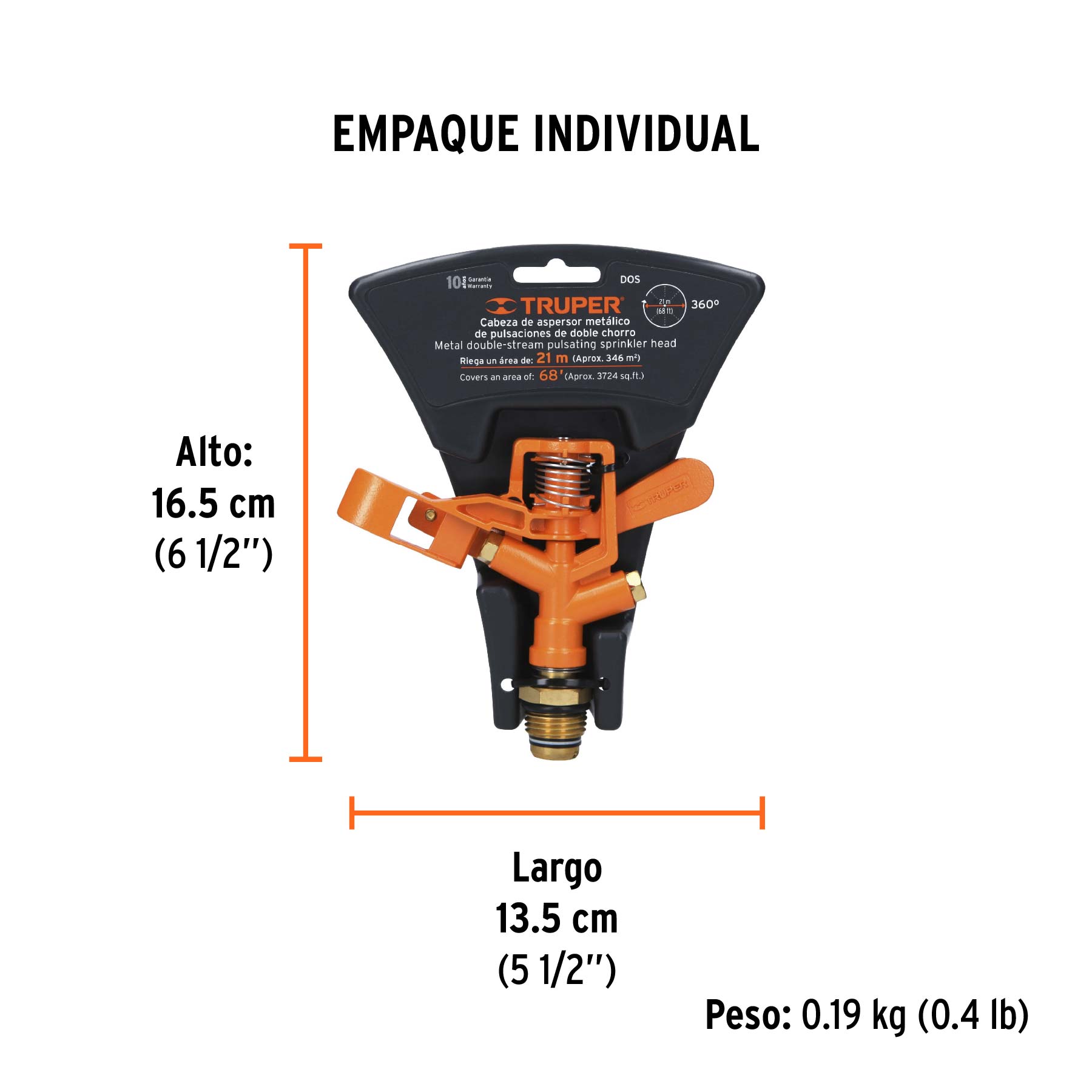 Aspersor metálico doble chorro, cabeza sola, TRUPER - Empaque