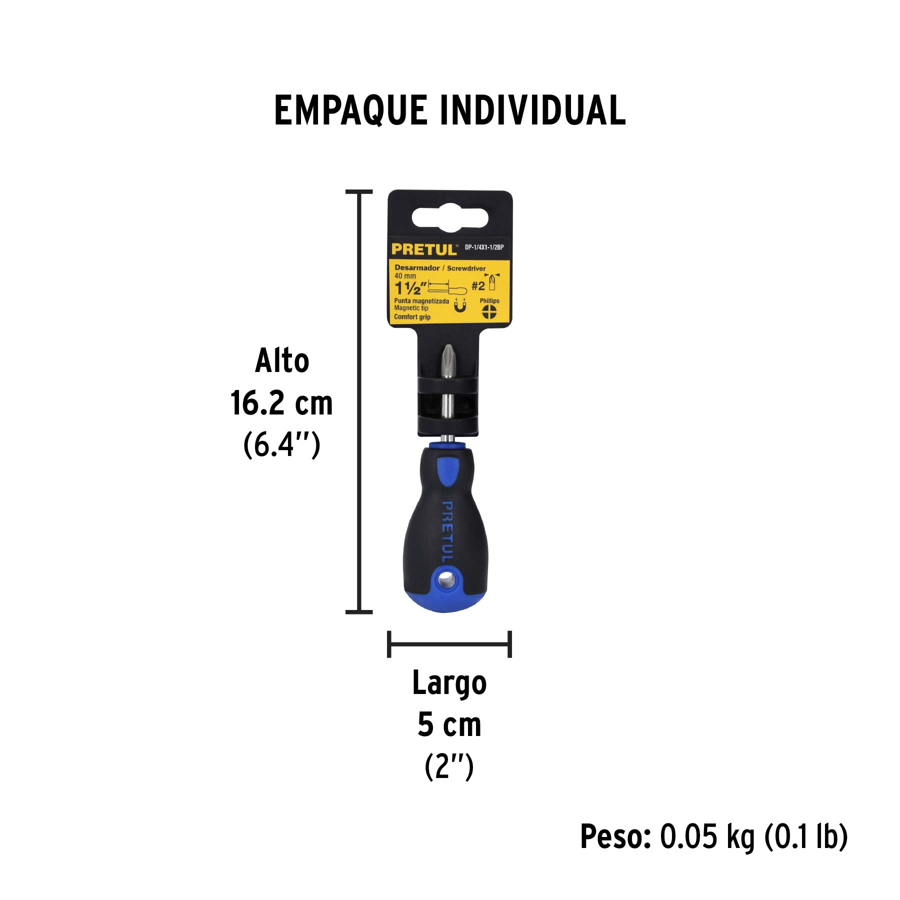 Desarmador de cruz 1/4" x 1-1/2" mango Comfort Grip, PRETUL - Empaque