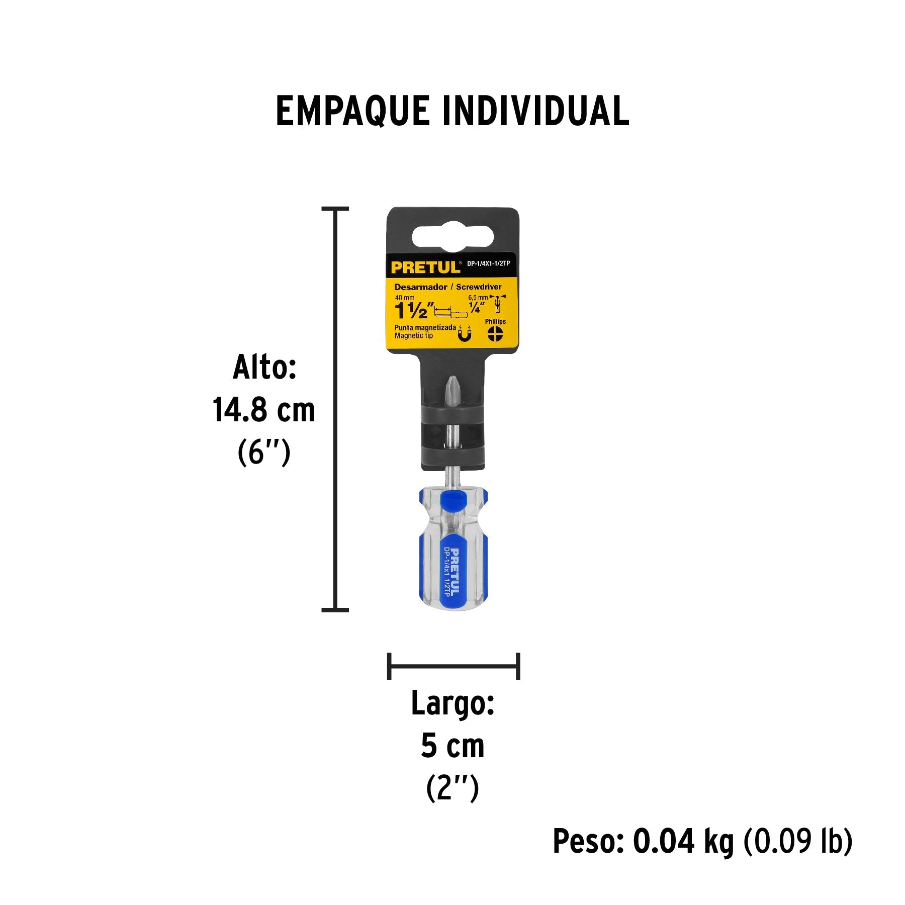 Desarmador de cruz 1/4 x 1-1/2" mango de PVC, PRETUL - Empaque