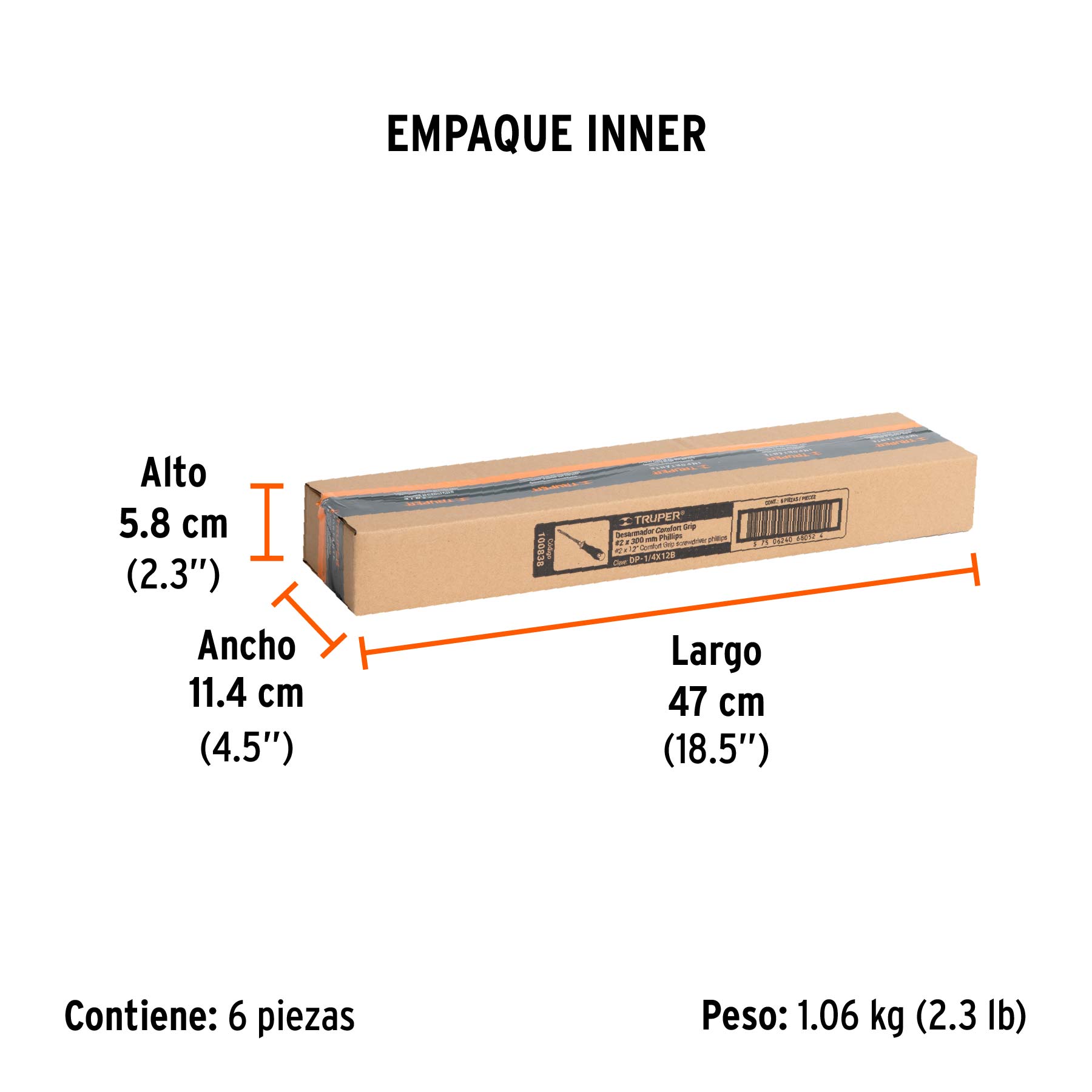 Desarmador de cruz 1/4" x 12" mango Comfort Grip, TRUPER - Empaque
