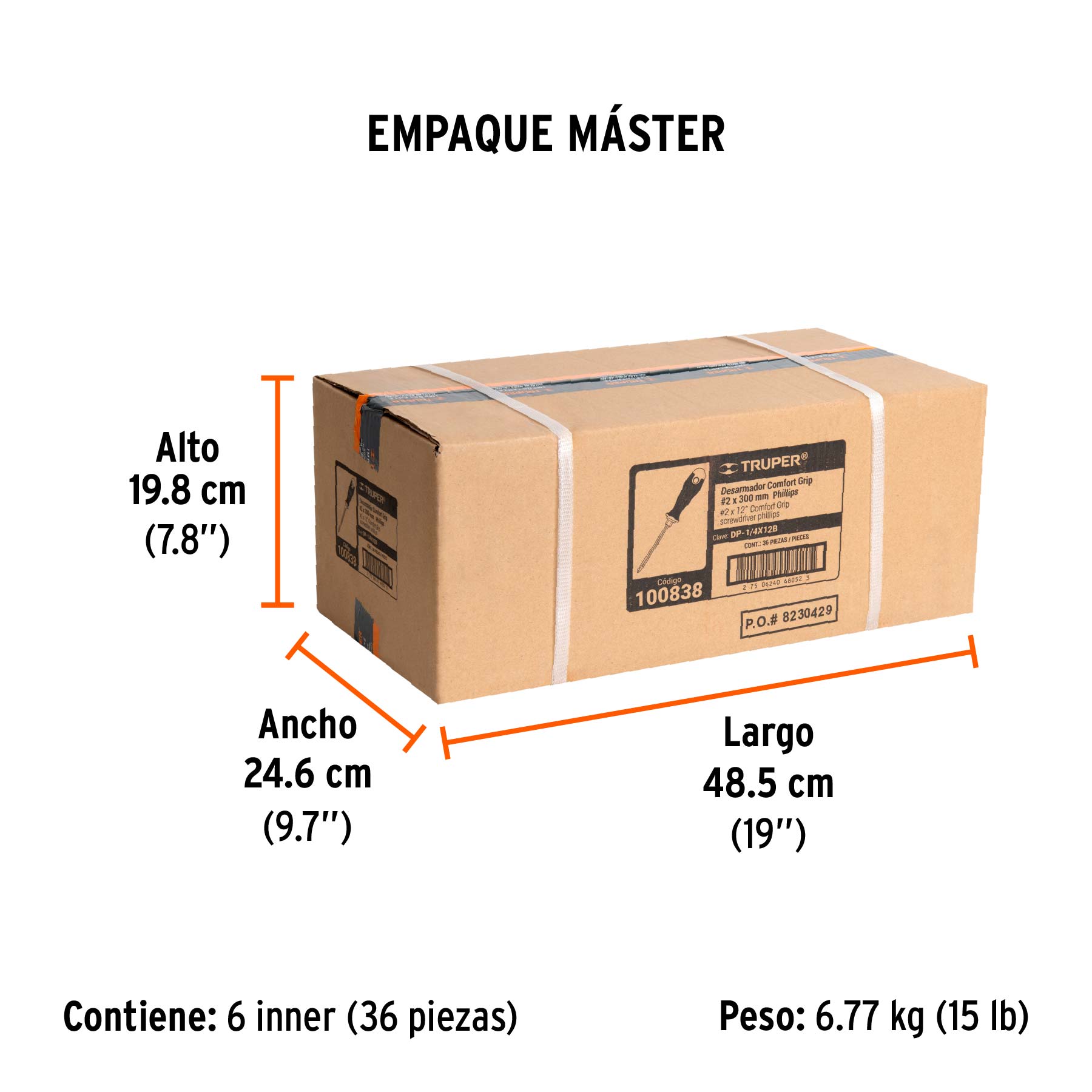 Desarmador de cruz 1/4" x 12" mango Comfort Grip, TRUPER - Empaque