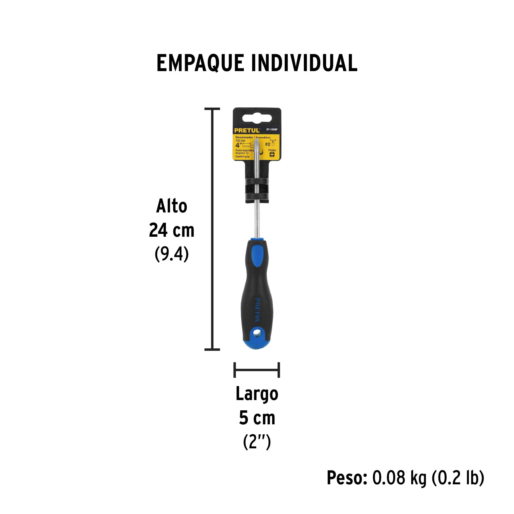 Desarmador de cruz 1/4" x 4" mango Comfort Grip, PRETUL - Empaque