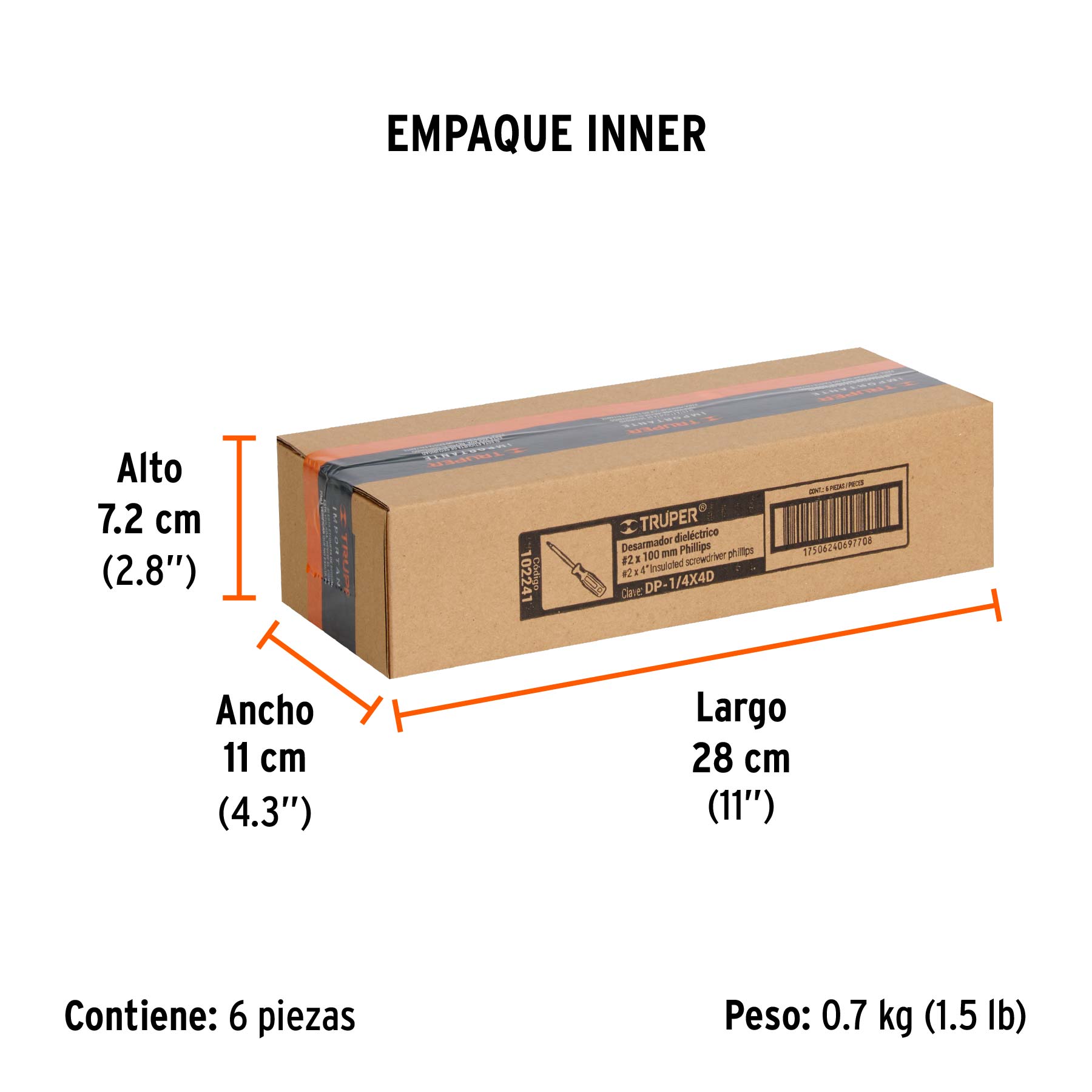 Desarmador dieléctrico de cruz 1/4" x 4", TRUPER - Empaque
