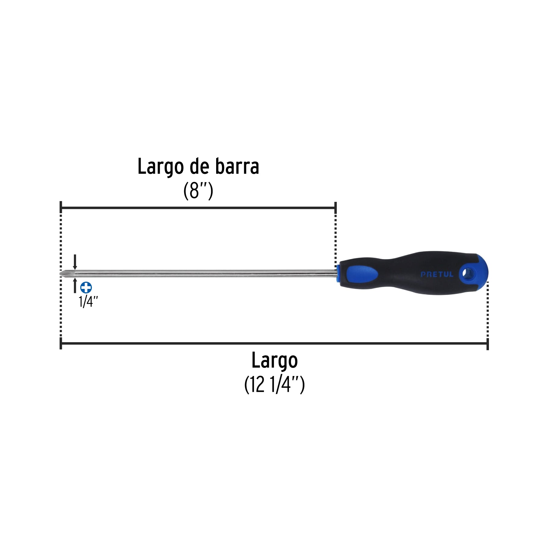 Desarmador de cruz 1/4" x 8" mango Comfort Grip, PRETUL