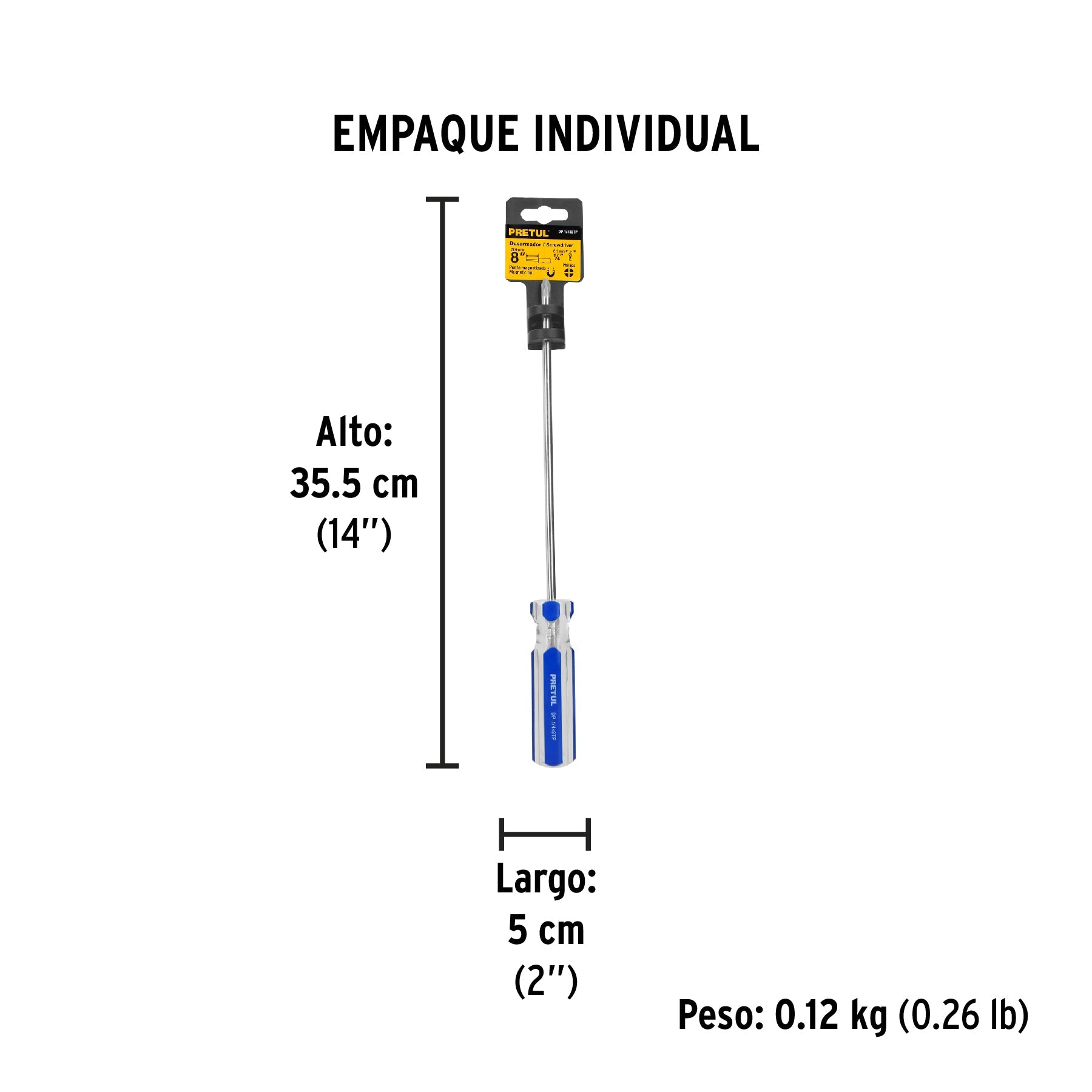 Desarmador de cruz 1/4 x 8" mango de PVC, PRETUL - Empaque