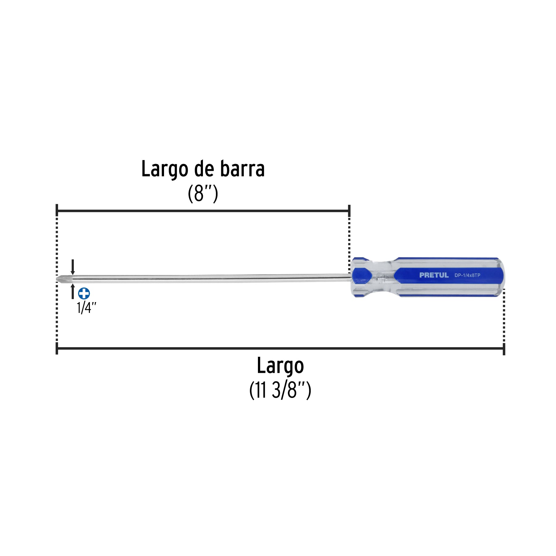 Desarmador de cruz 1/4 x 8" mango de PVC, PRETUL