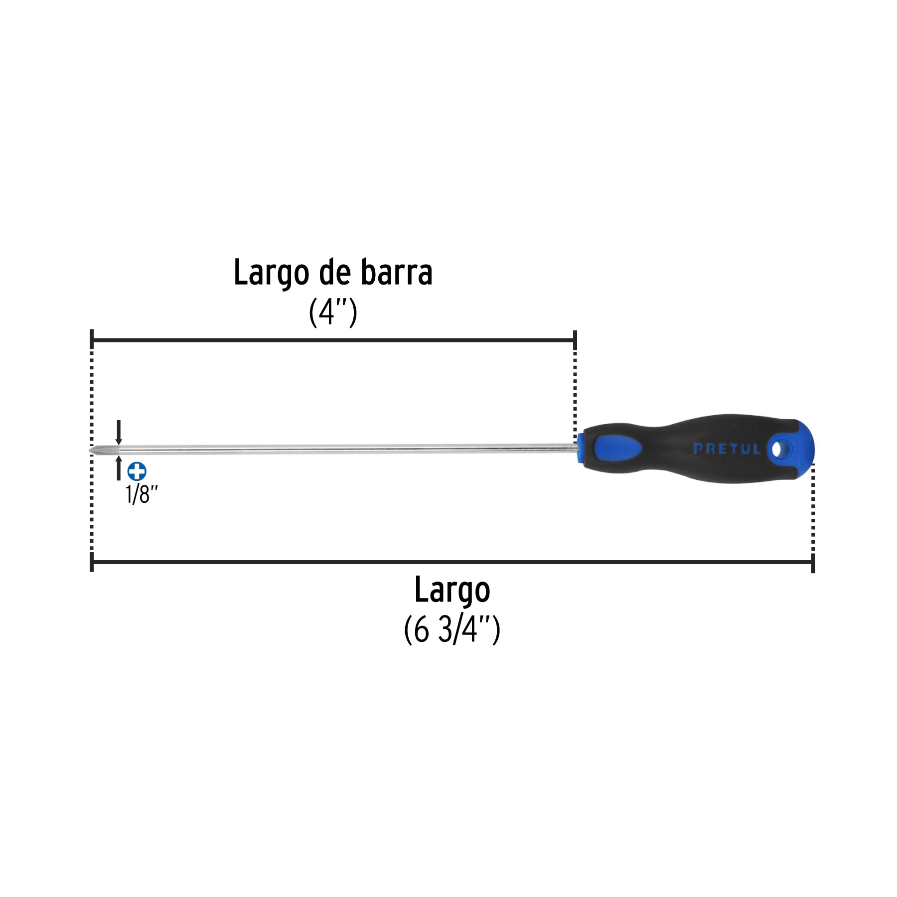 Desarmador de cruz 1/8" x 4" mango Comfort Grip, PRETUL