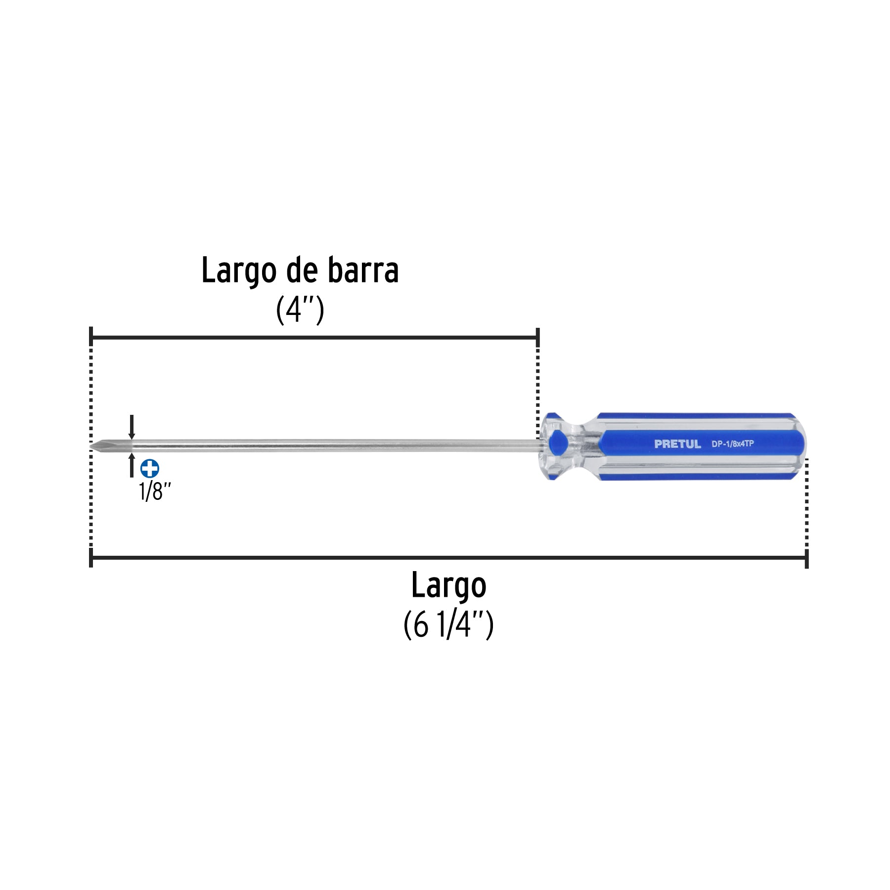 Desarmador de cruz 1/8" x 4" mango de PVC, PRETUL
