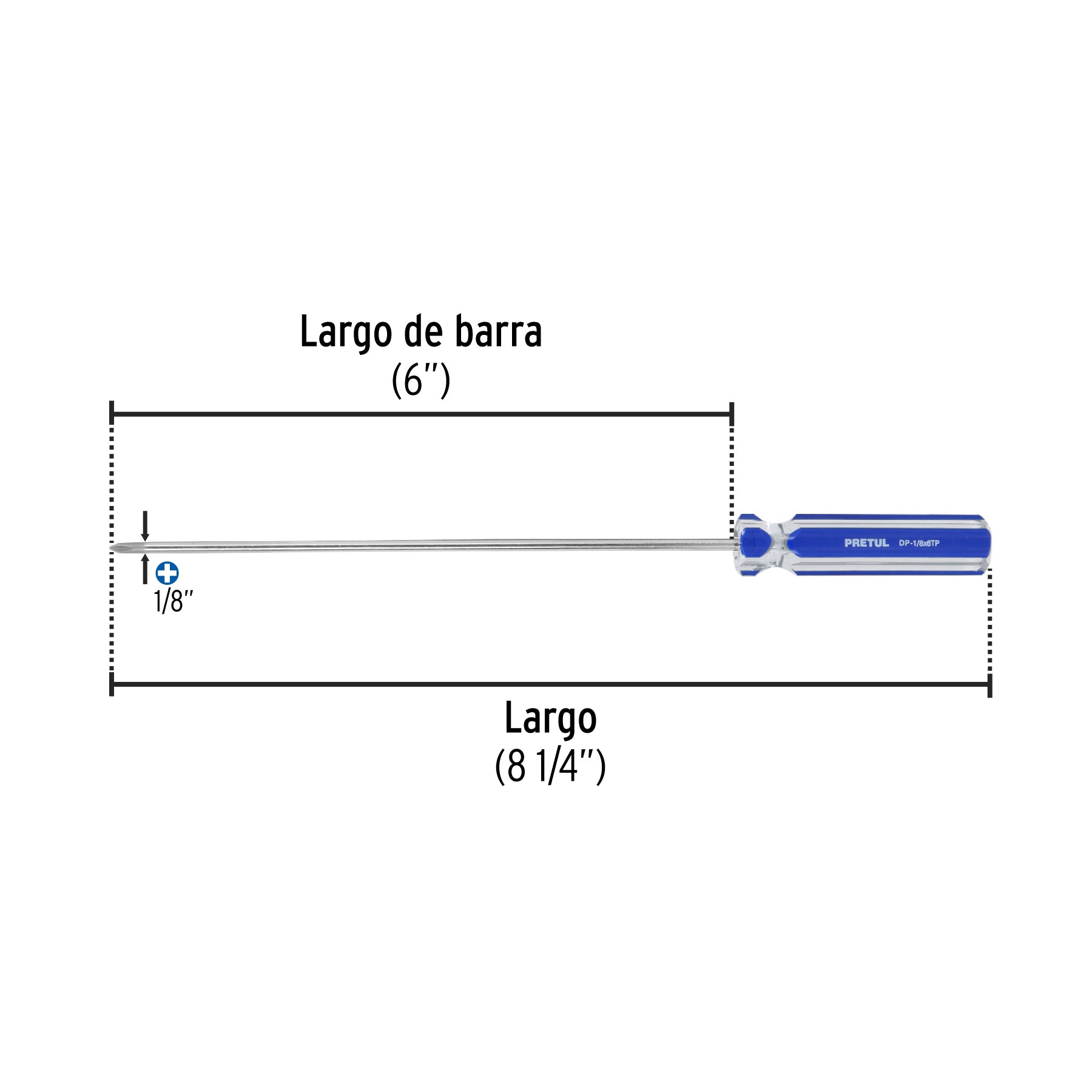 Desarmador de cruz 1/8" x 6" mango de PVC, PRETUL