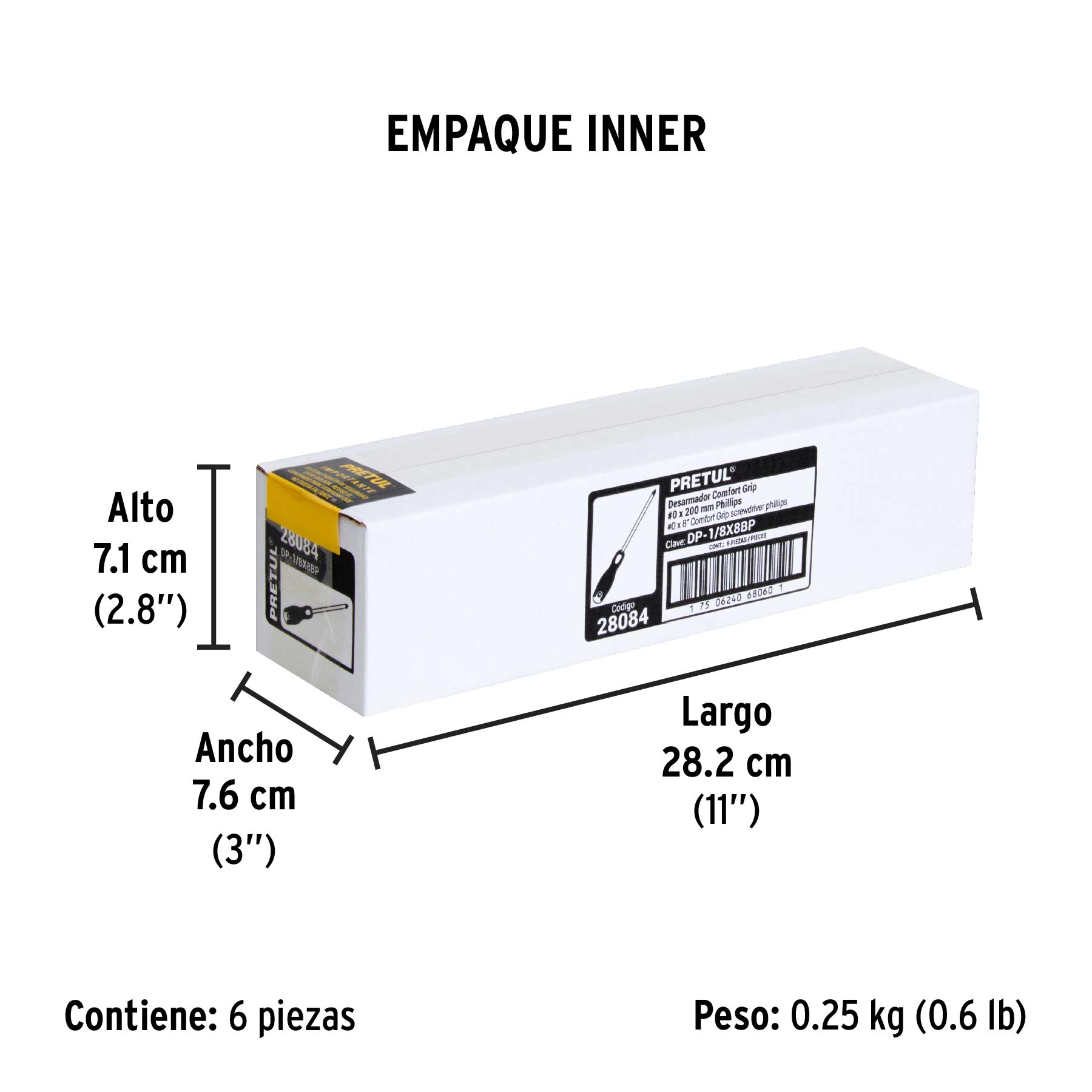 Desarmador de cruz 1/8" x 8" mango Comfort Grip, PRETUL - Empaque