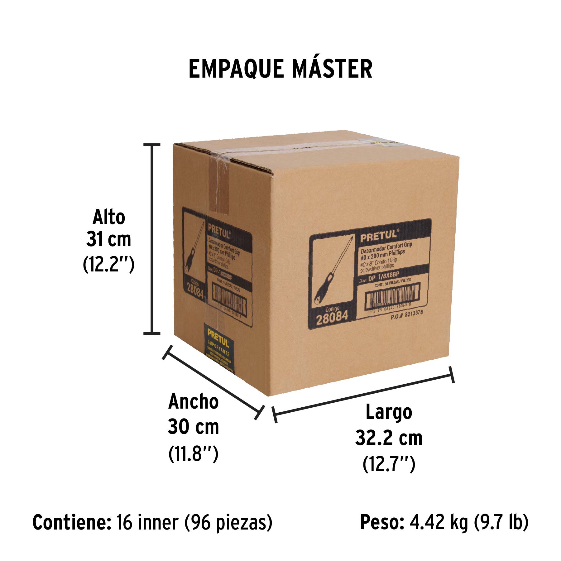 Desarmador de cruz 1/8" x 8" mango Comfort Grip, PRETUL - Empaque