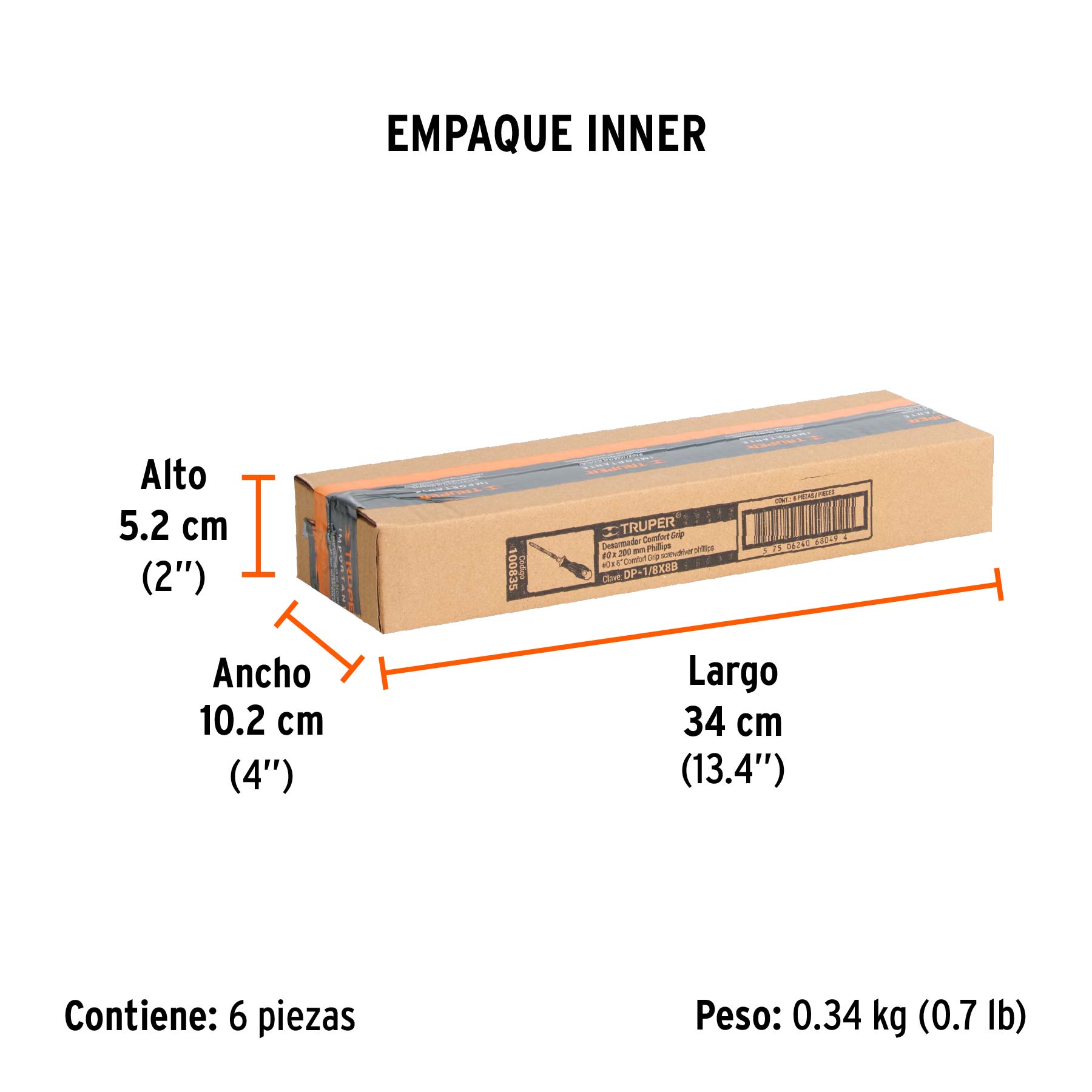 Desarmador de cruz 1/8" x 8" mango Comfort Grip, TRUPER - Empaque