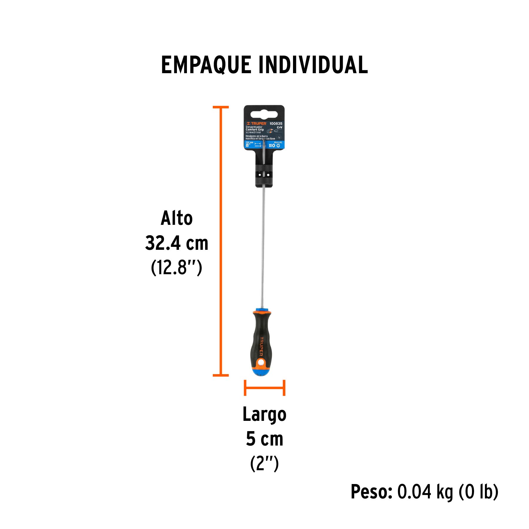Desarmador de cruz 1/8" x 8" mango Comfort Grip, TRUPER - Empaque