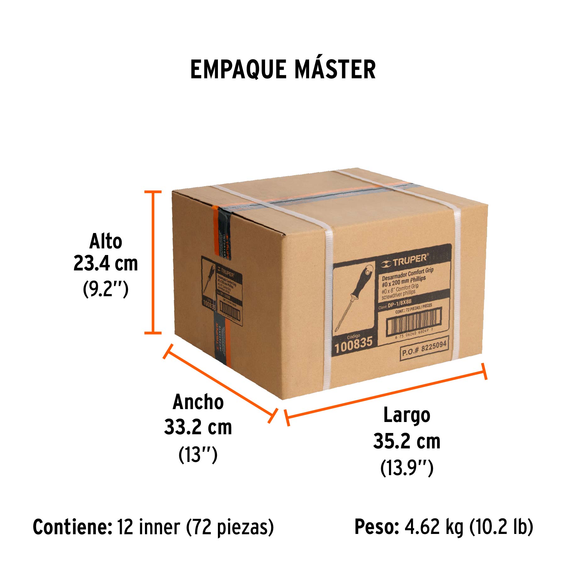 Desarmador de cruz 1/8" x 8" mango Comfort Grip, TRUPER - Empaque