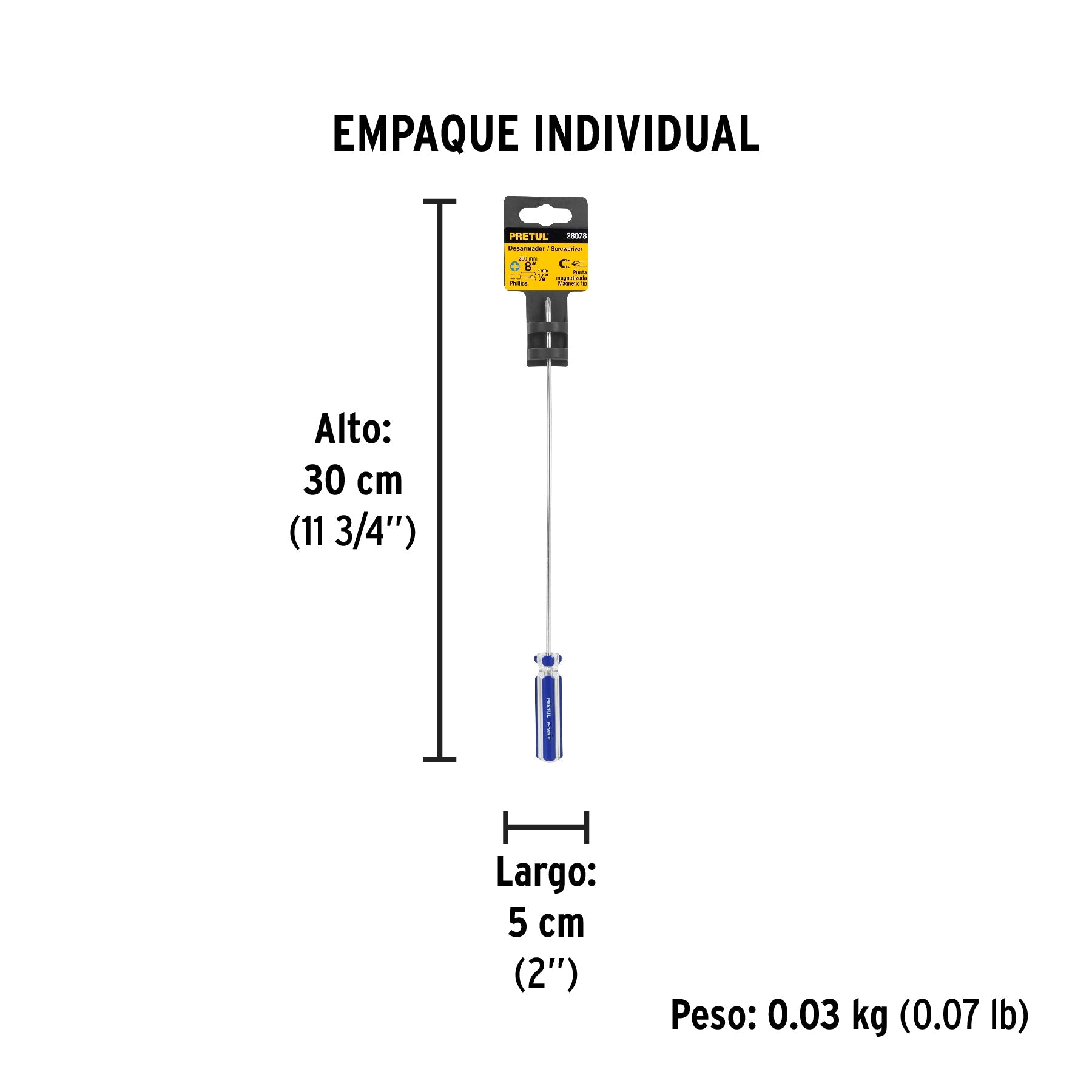 Desarmador de cruz 1/8" x 8" mango de PVC, PRETUL - Empaque