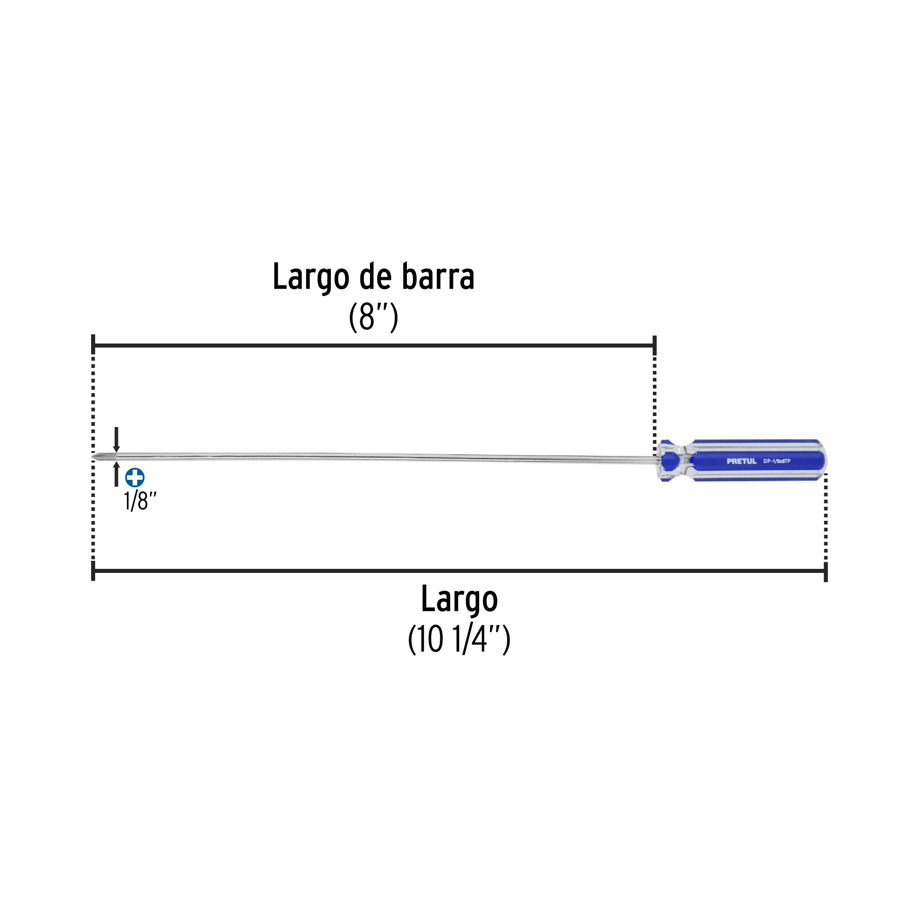 Desarmador de cruz 1/8" x 8" mango de PVC, PRETUL