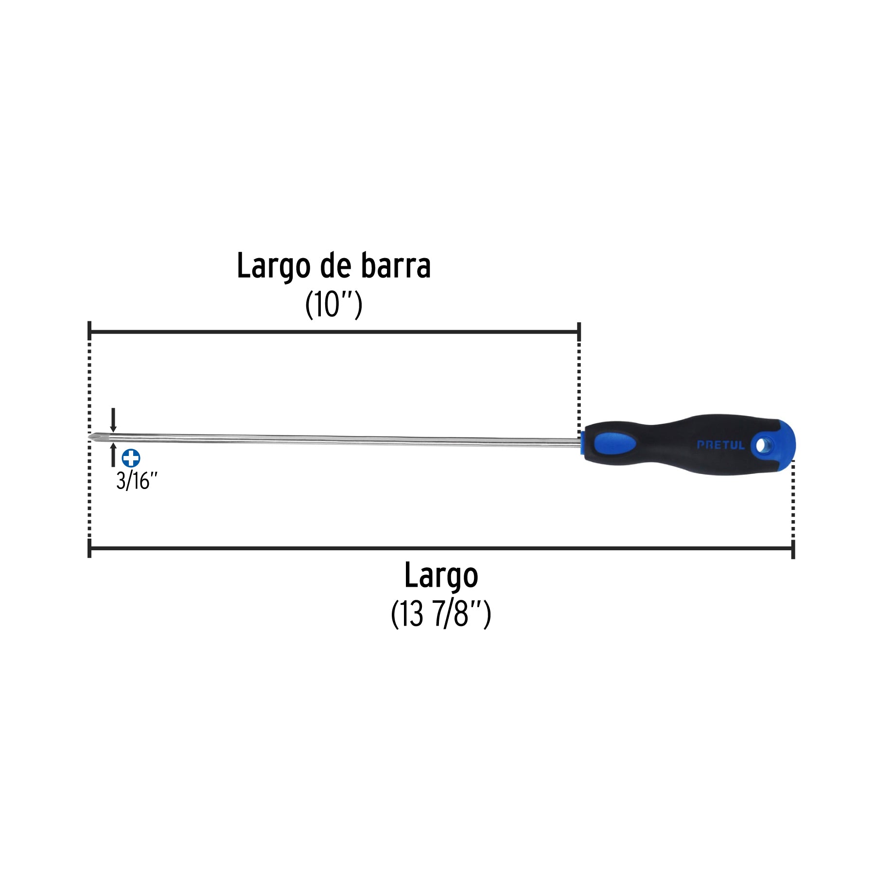 Desarmador de cruz 3/16" x 10" mango Comfort Grip, PRETUL