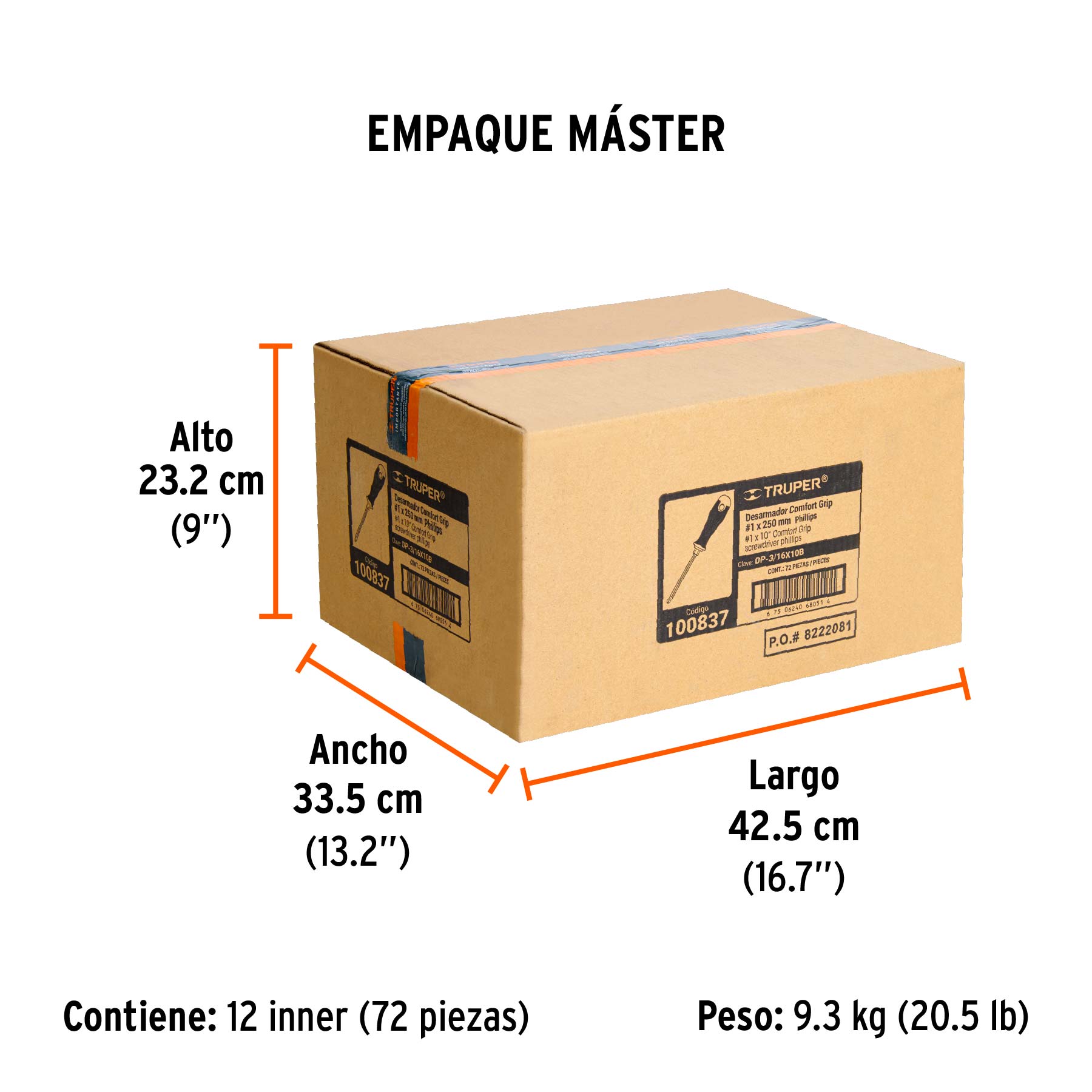 Desarmador de cruz 3/16" x 10" mango Comfort Grip, TRUPER - Empaque