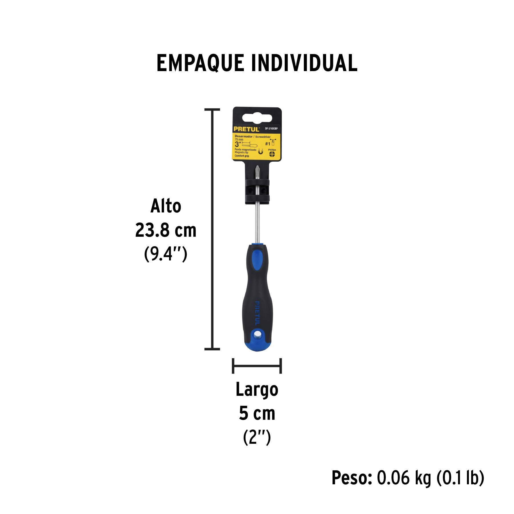Desarmador de cruz 3/16" x 3" mango Comfort Grip, PRETUL - Empaque