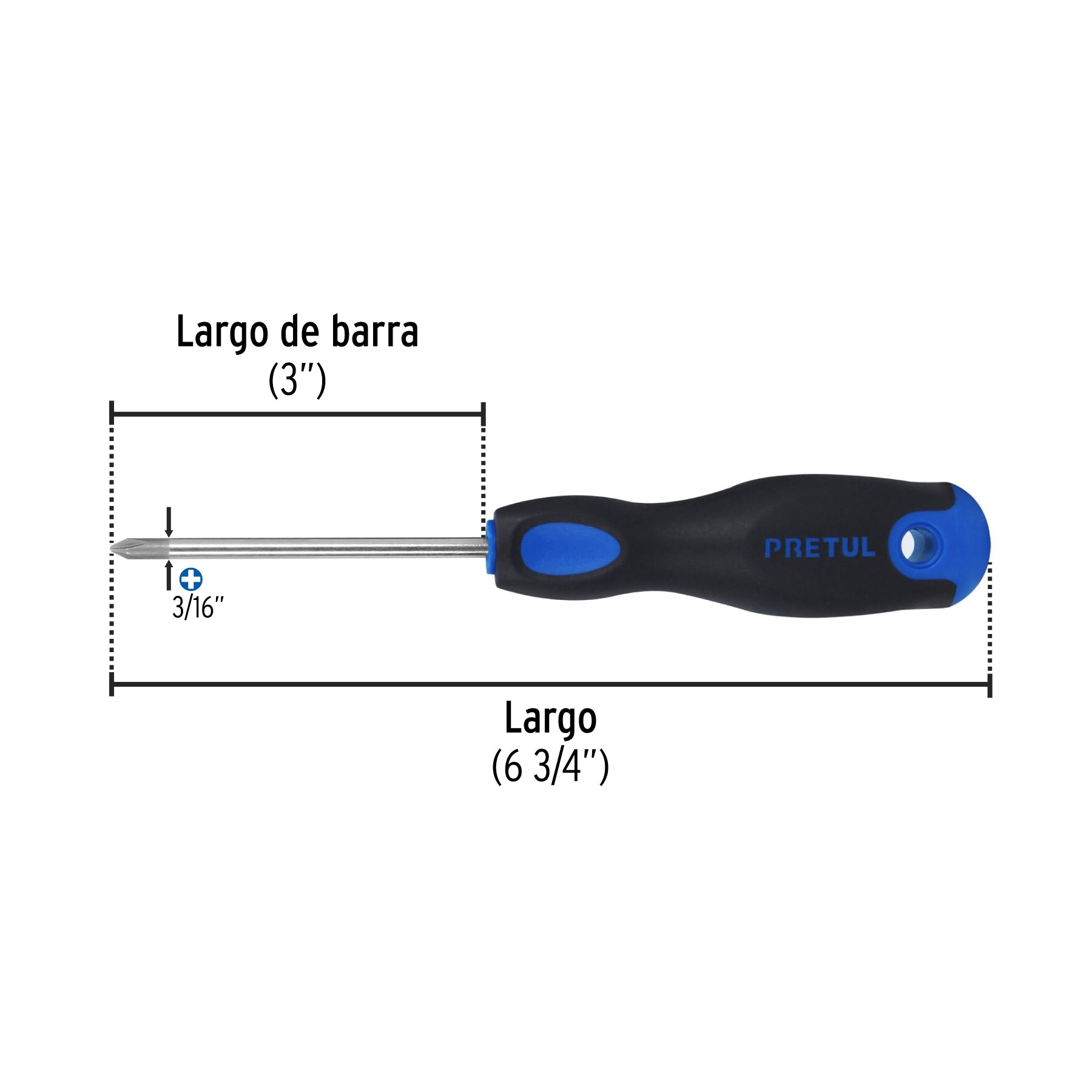 Desarmador de cruz 3/16" x 3" mango Comfort Grip, PRETUL