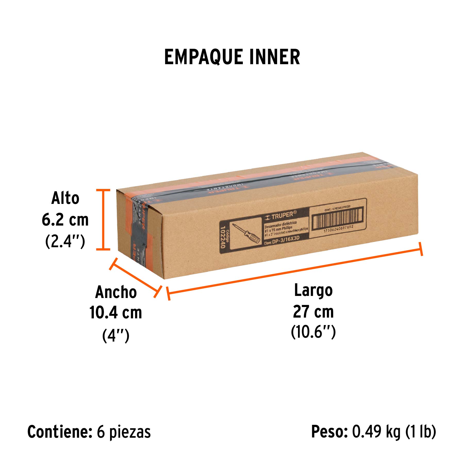 Desarmador dieléctrico de cruz 3/16" x 3", TRUPER - Empaque