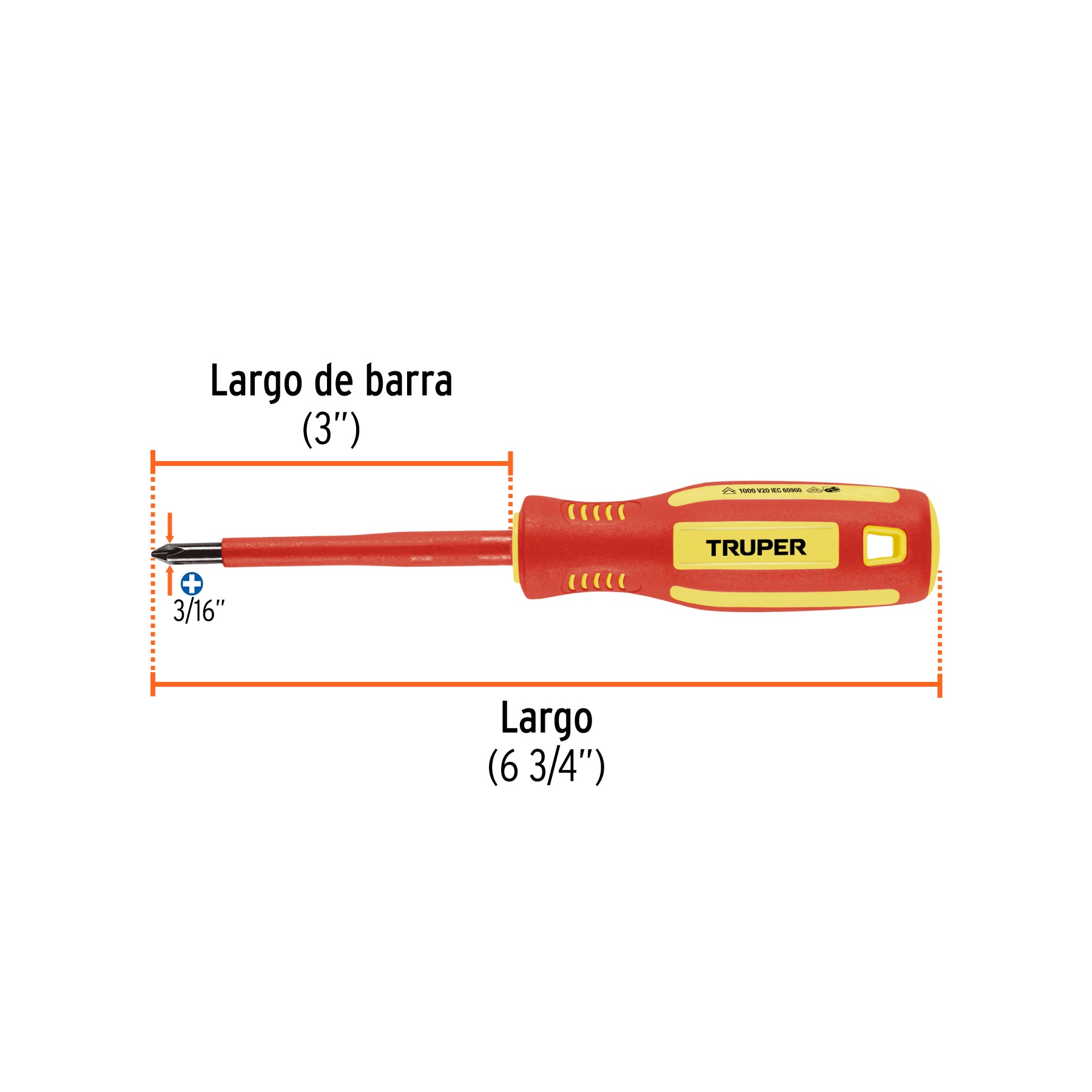 Desarmador dieléctrico de cruz 3/16" x 3", TRUPER