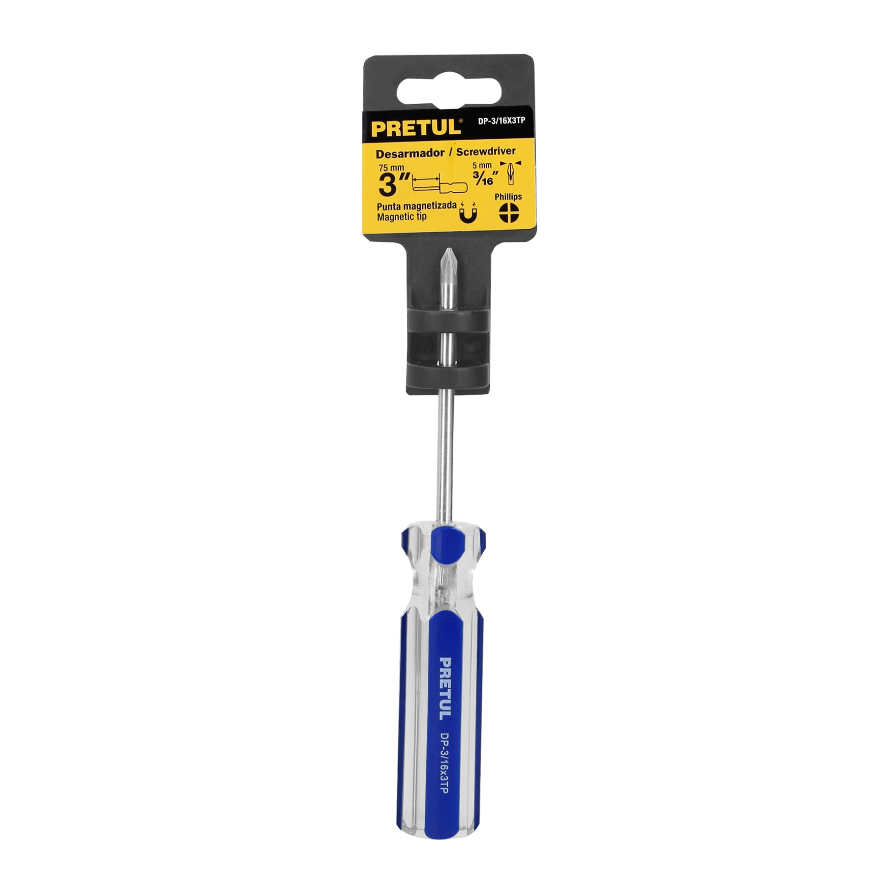 Desarmador de cruz 3/16 x 3" mango de PVC, PRETUL