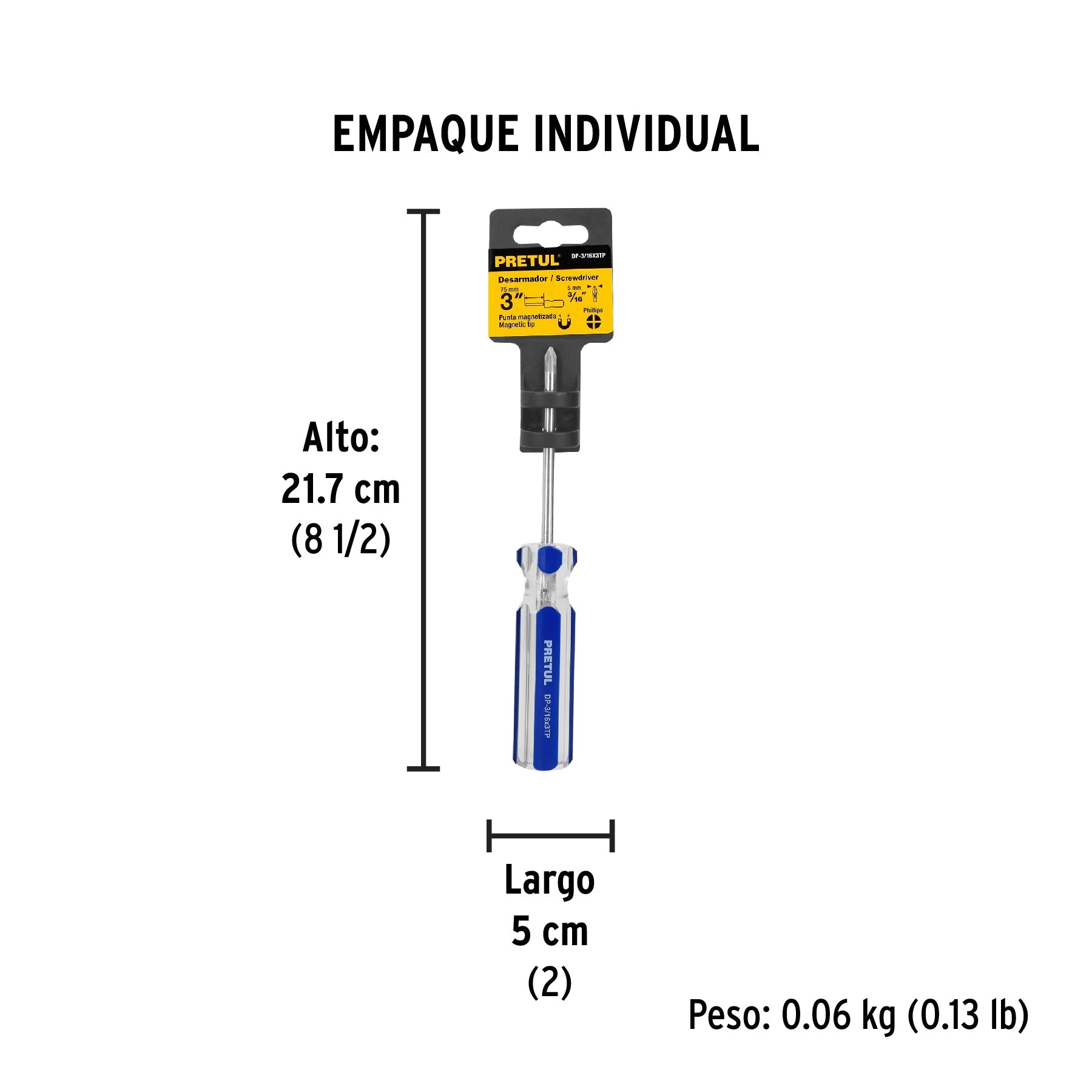 Desarmador de cruz 3/16 x 3" mango de PVC, PRETUL - Empaque