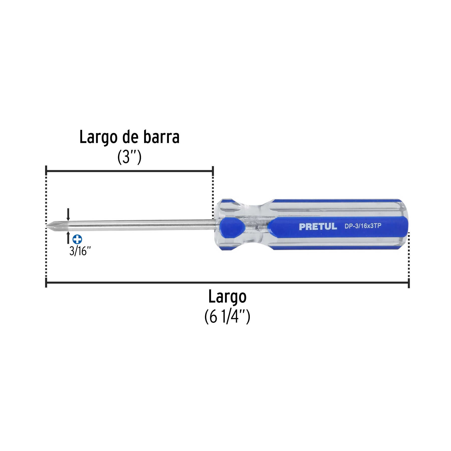Desarmador de cruz 3/16 x 3" mango de PVC, PRETUL
