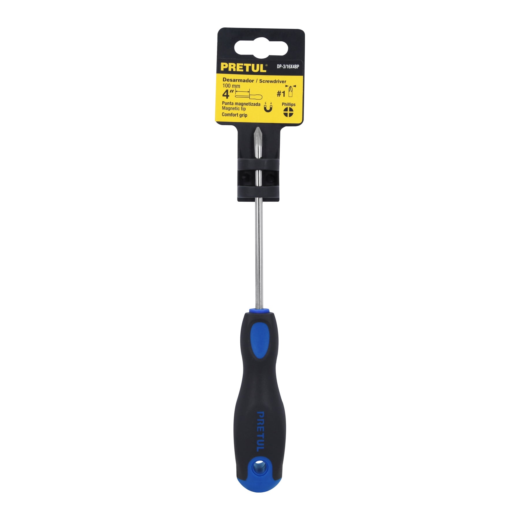 Desarmador de cruz 3/16" x 4" mango Comfort Grip, PRETUL