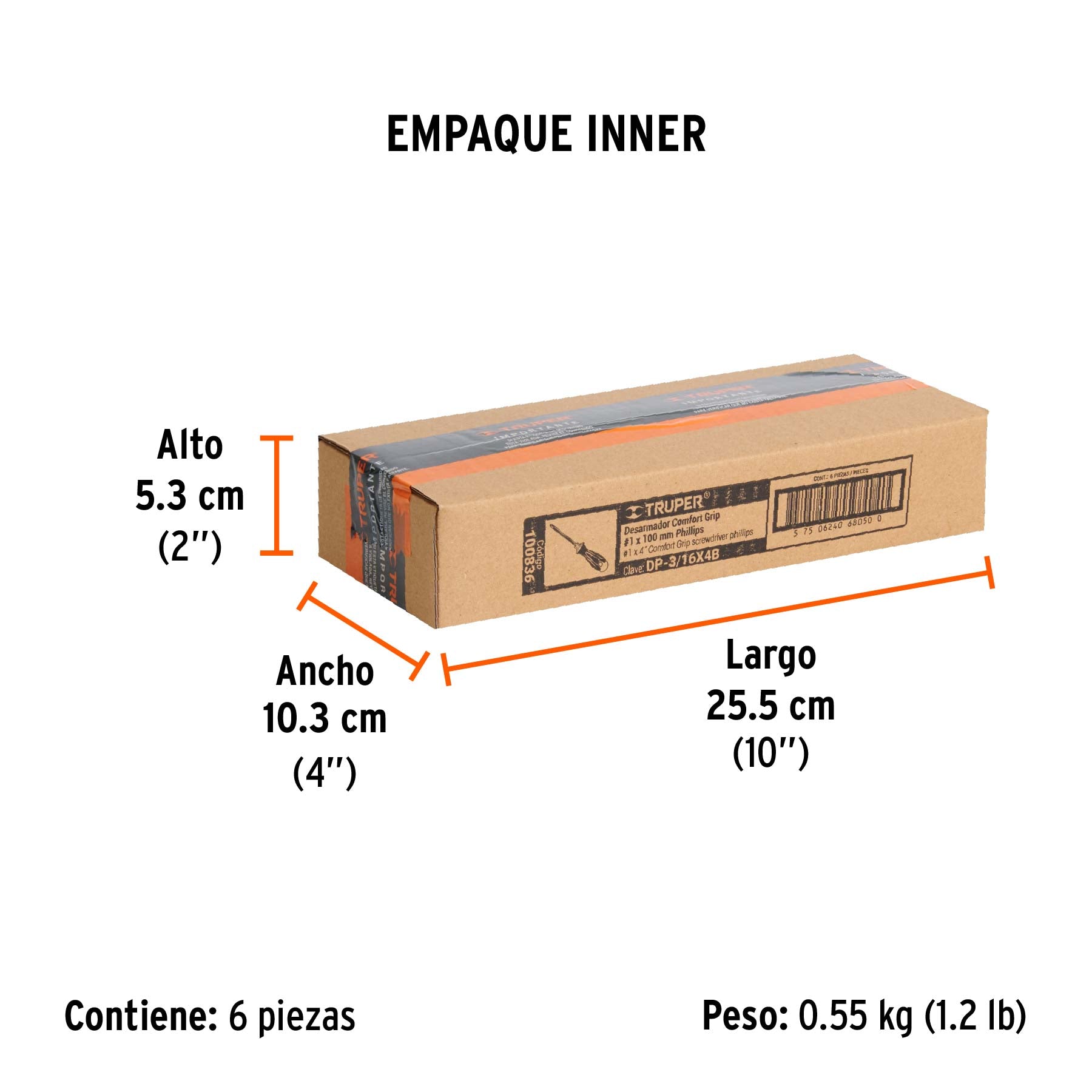 Desarmador de cruz 3/16" x 4" mango Comfort Grip, TRUPER - Empaque